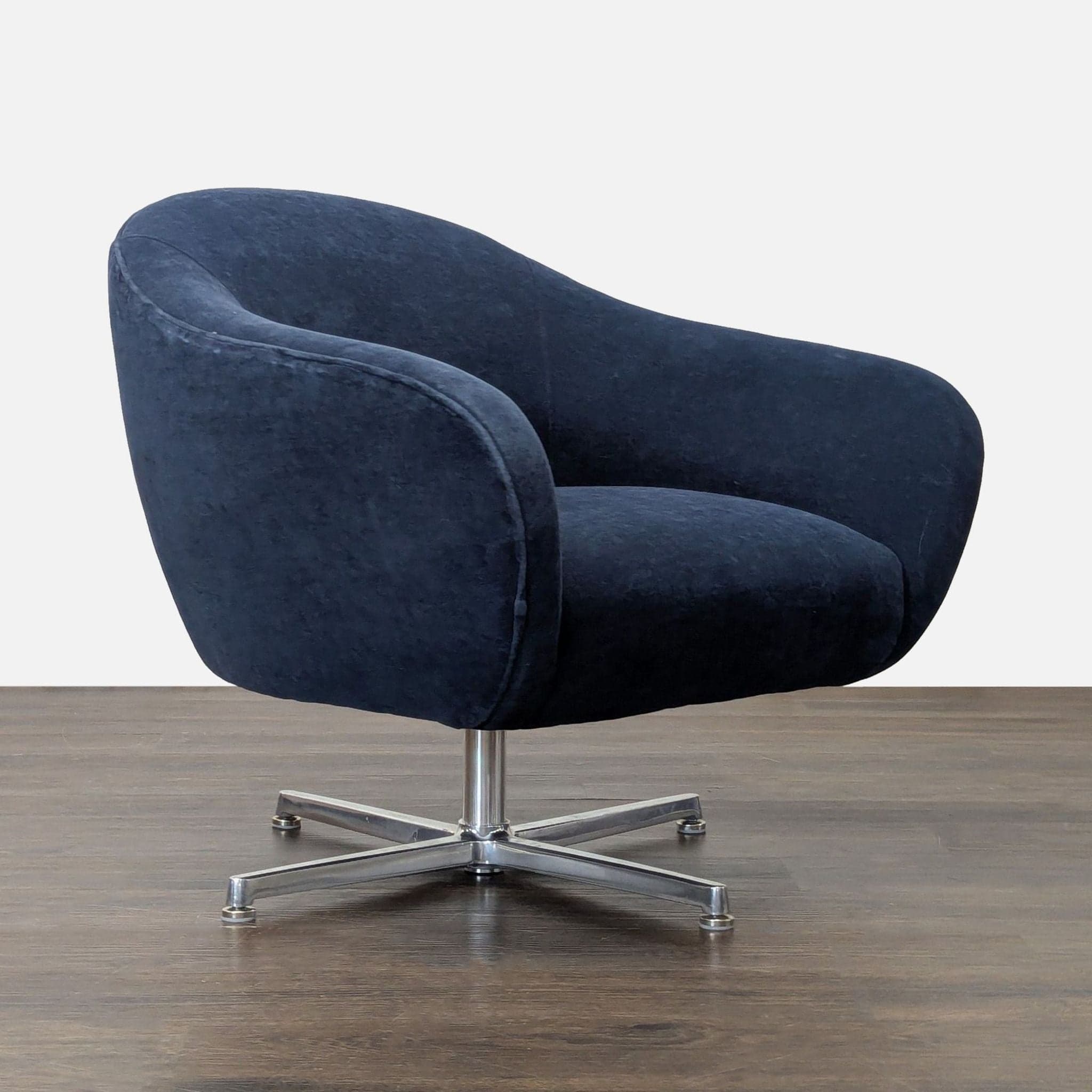 Modern Navy Blue Velvet Swivel Lounge Chair with Metal Base - Thumbnail 2