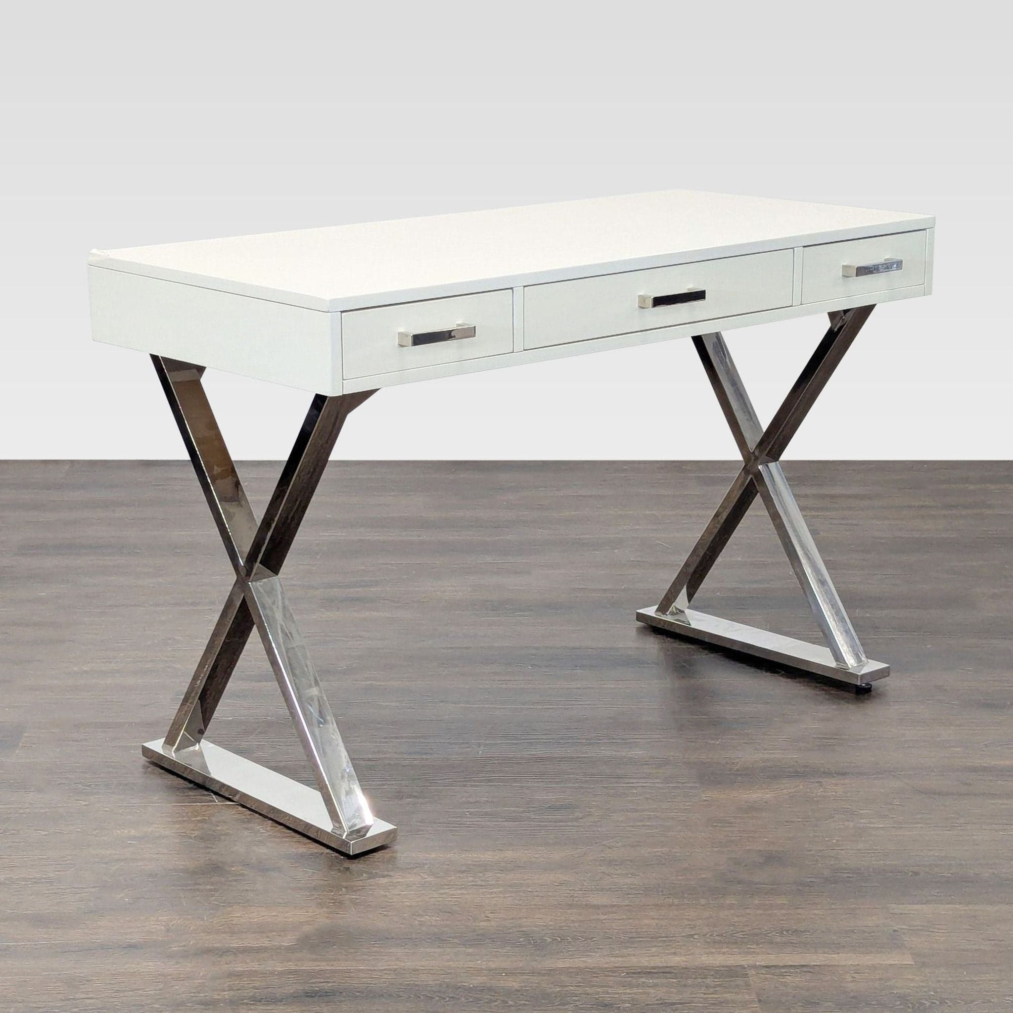 Pottery Barn Ava Modern White Desk with Chrome Legs and Three Drawers - Thumbnail 3