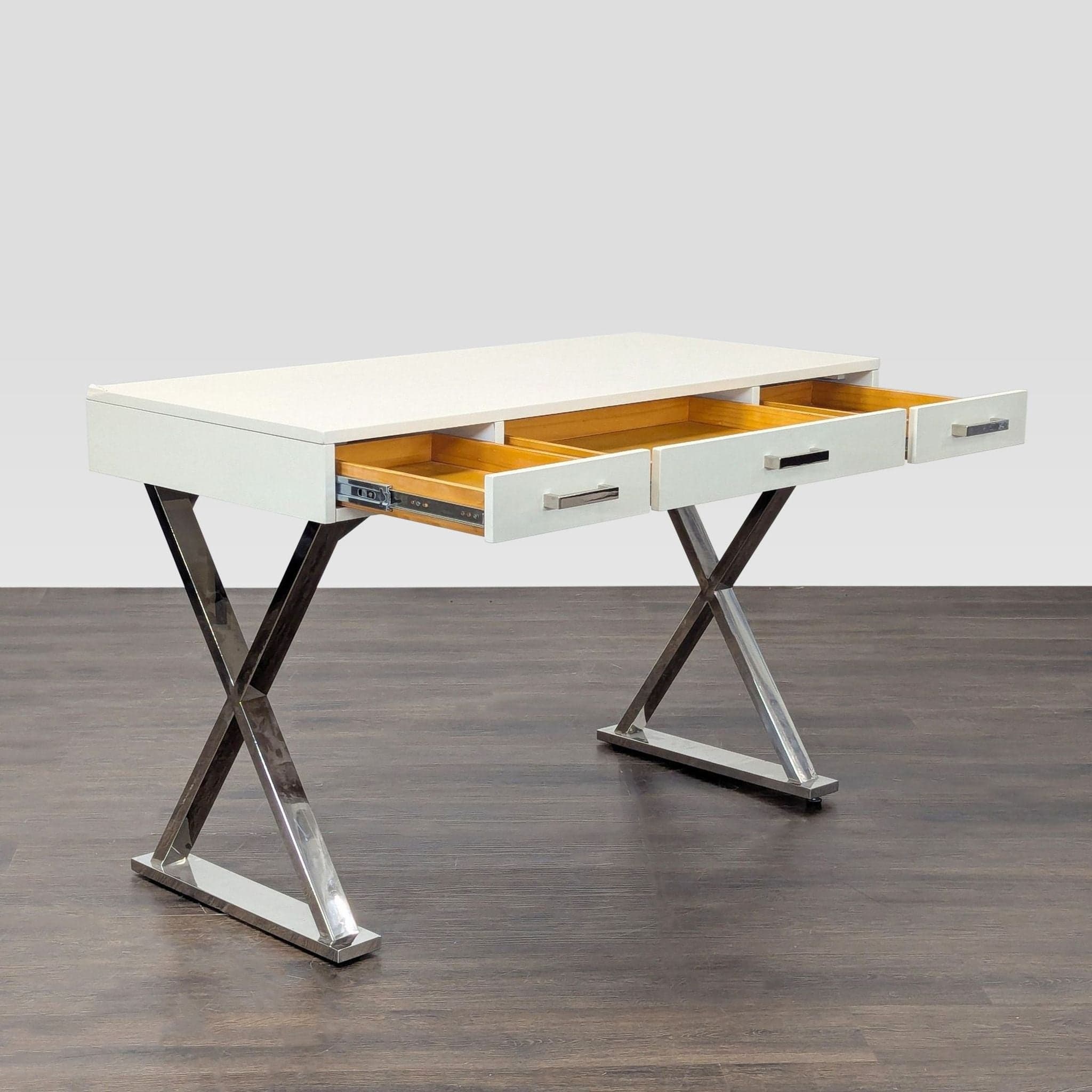 Pottery Barn Ava Modern White Desk with Chrome Legs and Three Drawers - Thumbnail 2