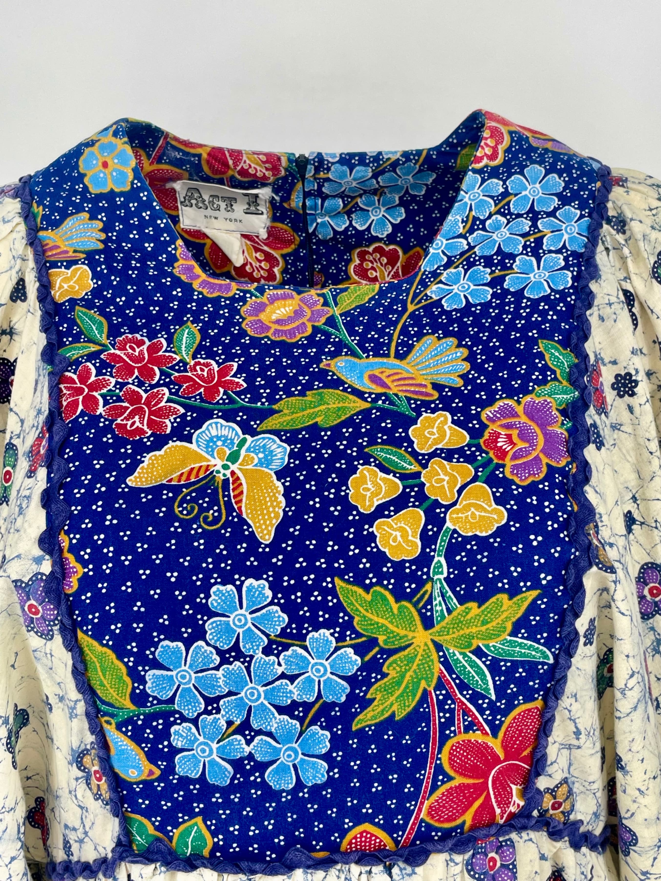 Vintage ACT I New York Hippie Angel Sleeve Maxi Dress Batik Floral Boho 70s - Thumbnail 8