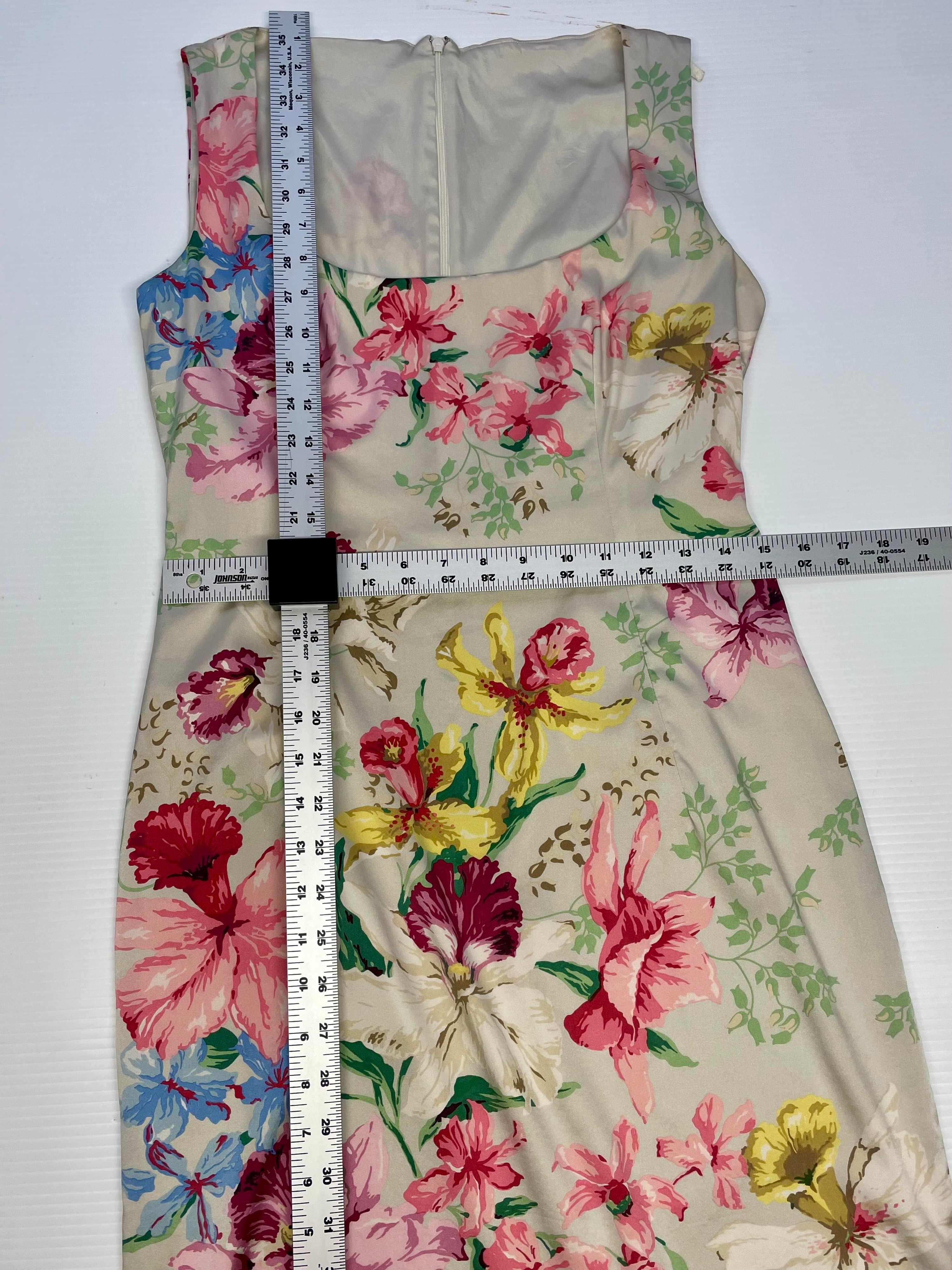 Vintage 90s Floral Satin Sheath Dress Pink Garden Party Cocktail Dress Summer M - Thumbnail 12