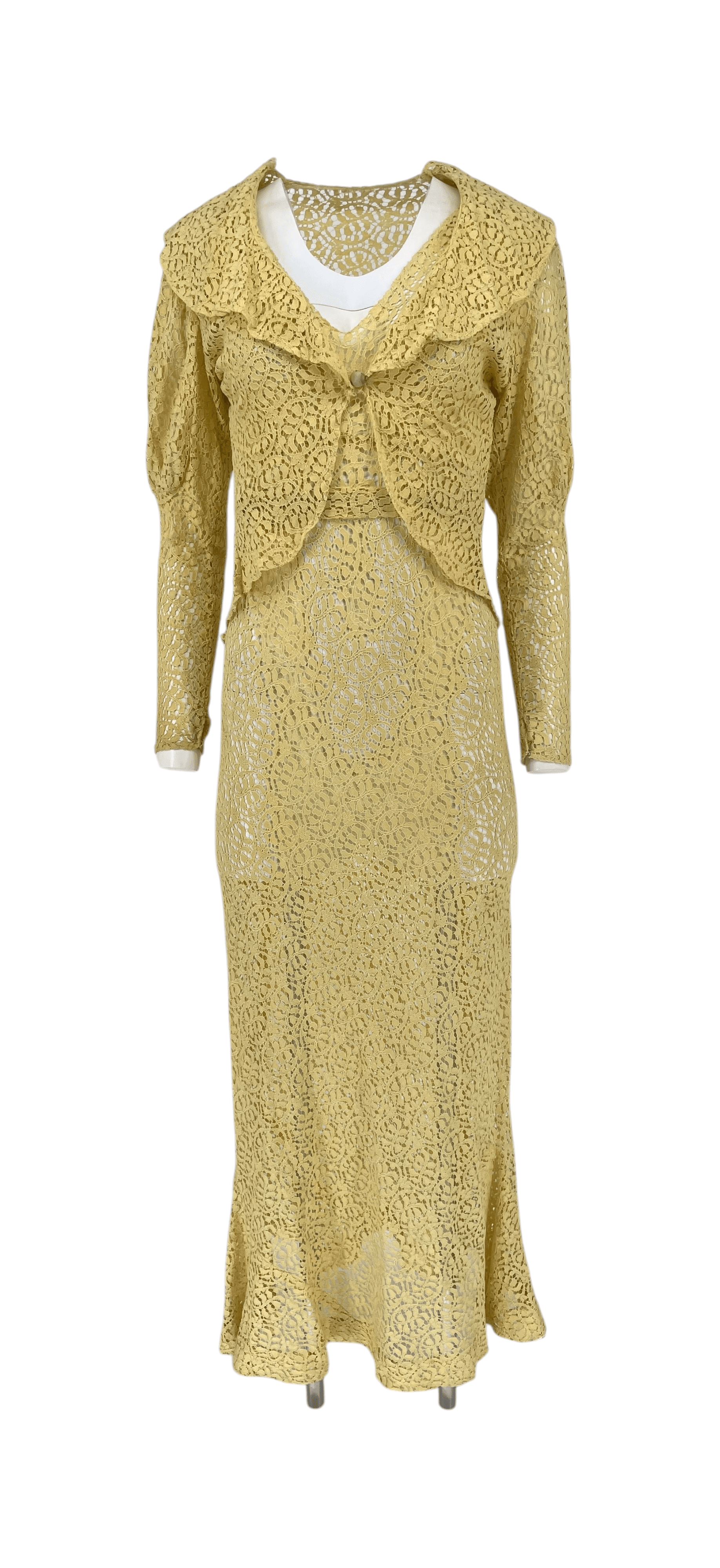 Vintage 1930s Lace Dress 3 Piece Set Yellow Lace Evening Ensemble Jacket Belt XS