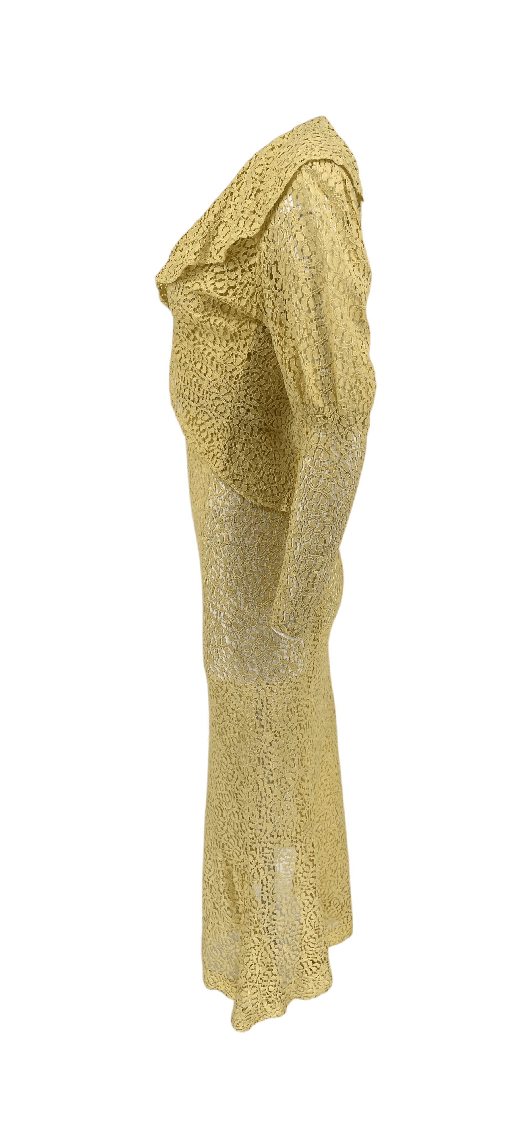 Vintage 1930s Lace Dress 3 Piece Set Yellow Lace Evening Ensemble Jacket Belt XS - Thumbnail 2