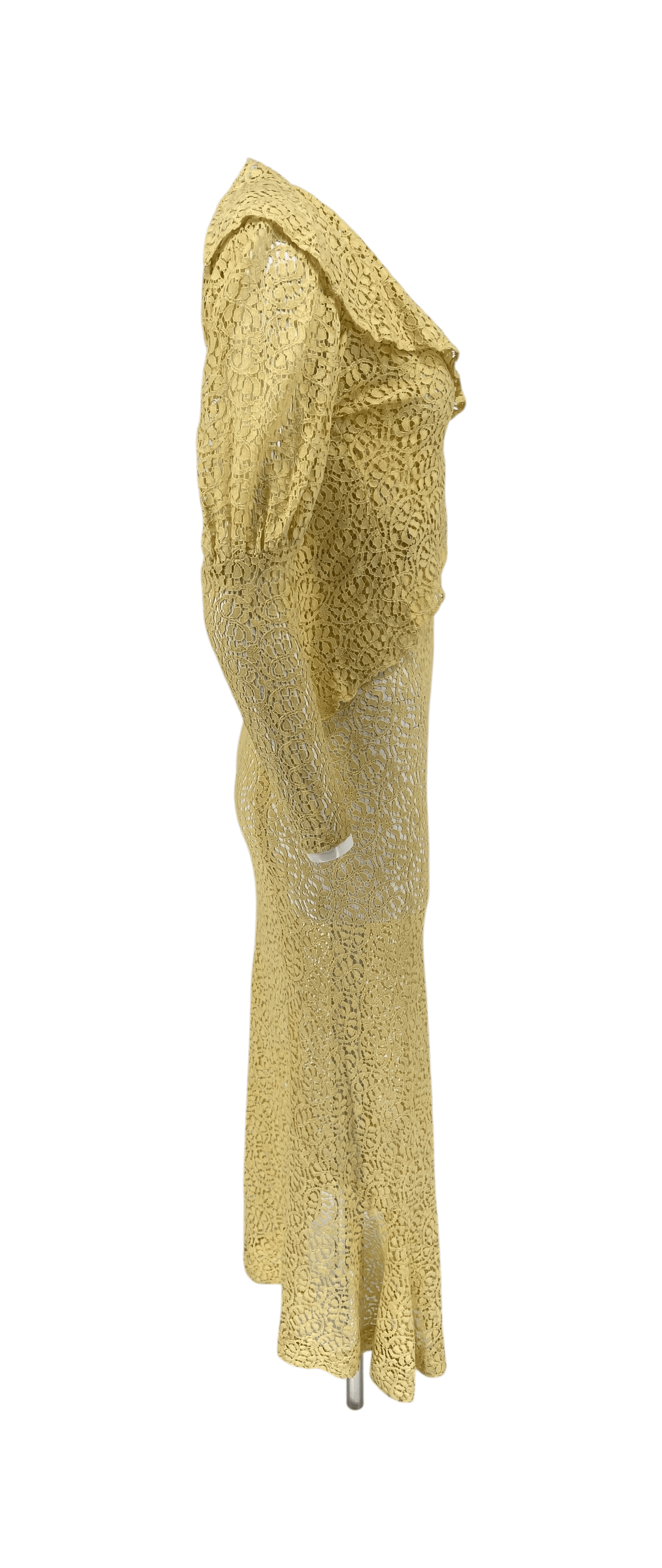 Vintage 1930s Lace Dress 3 Piece Set Yellow Lace Evening Ensemble Jacket Belt XS - Thumbnail 3