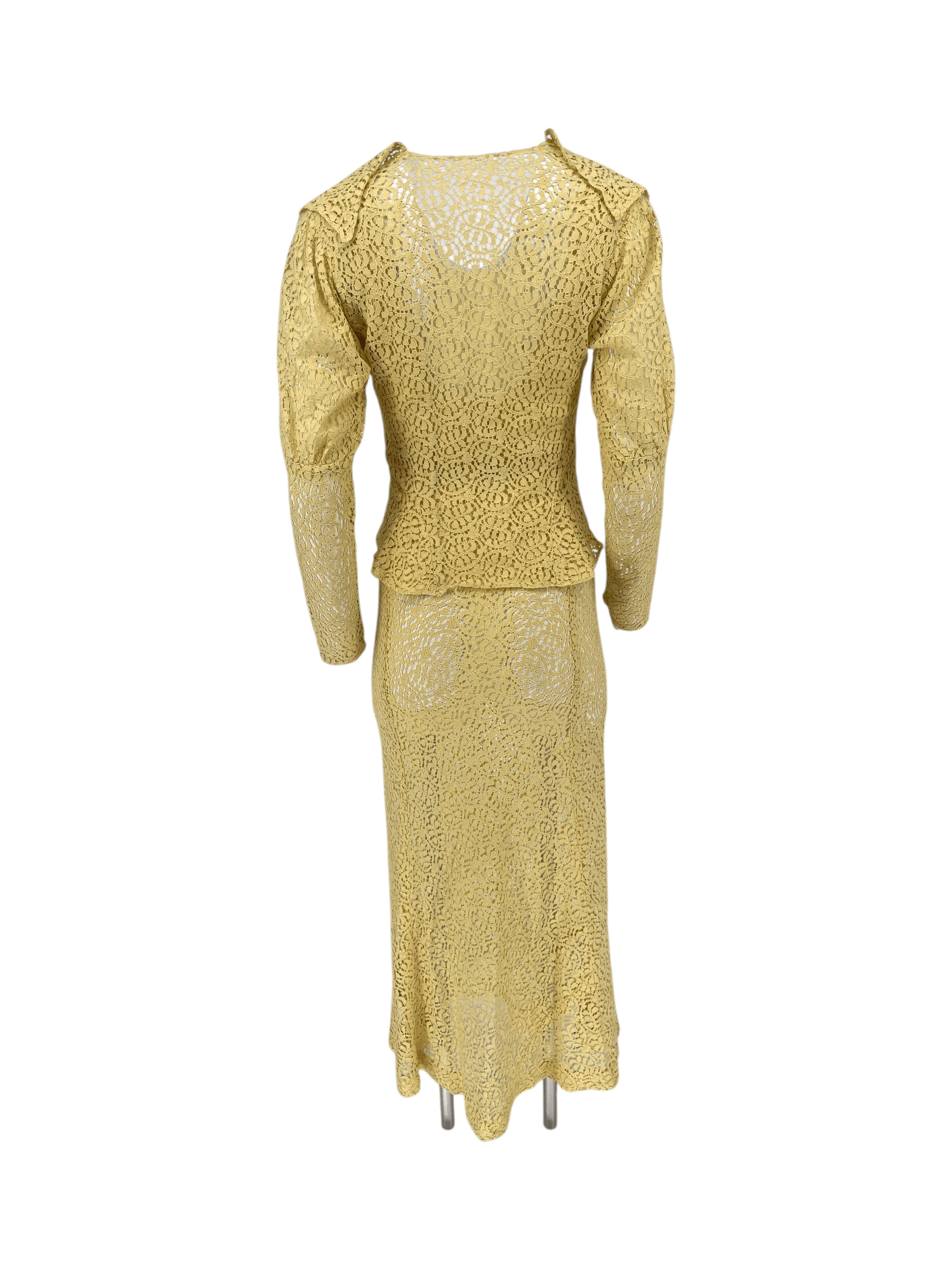 Vintage 1930s Lace Dress 3 Piece Set Yellow Lace Evening Ensemble Jacket Belt XS - Thumbnail 4