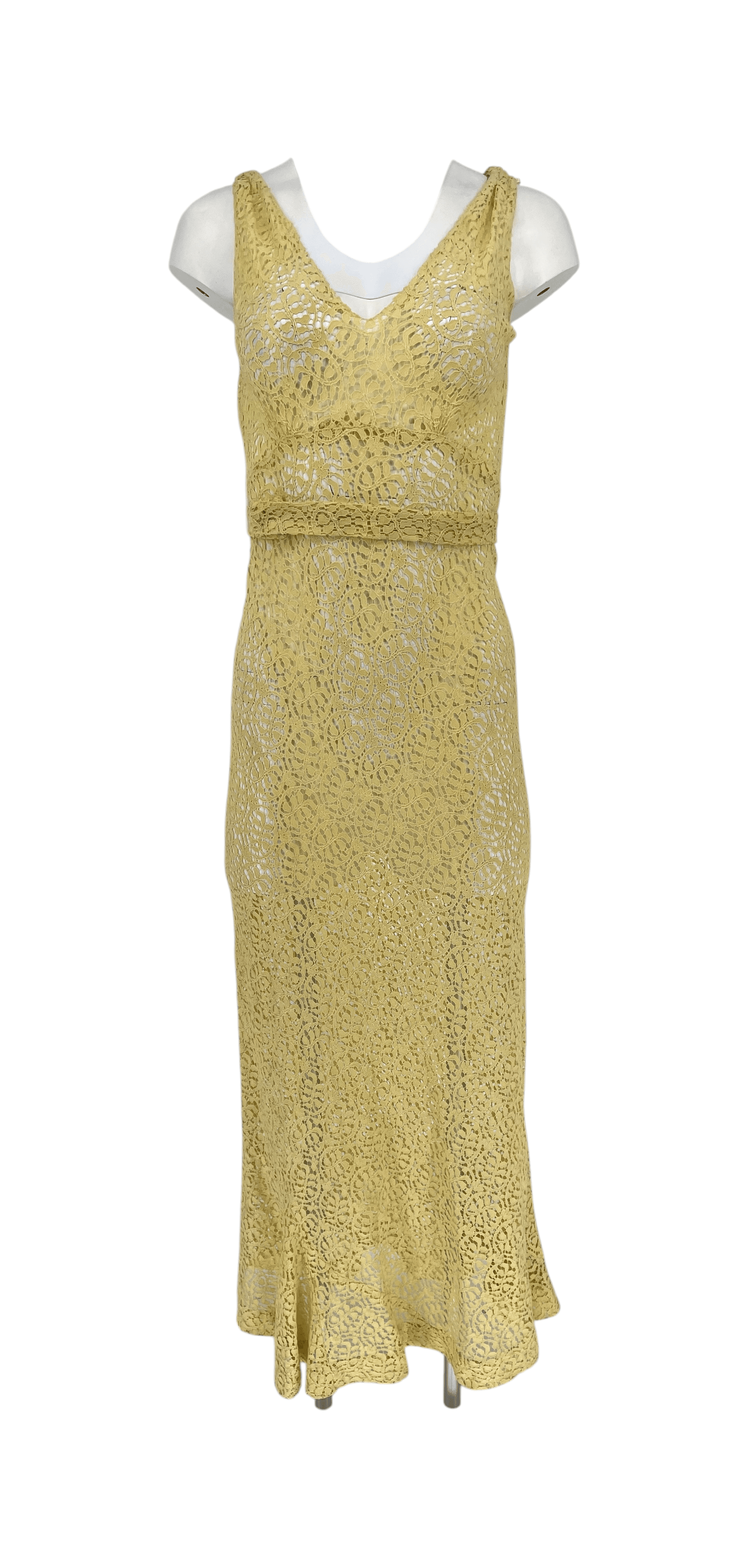 Vintage 1930s Lace Dress 3 Piece Set Yellow Lace Evening Ensemble Jacket Belt XS - Thumbnail 8