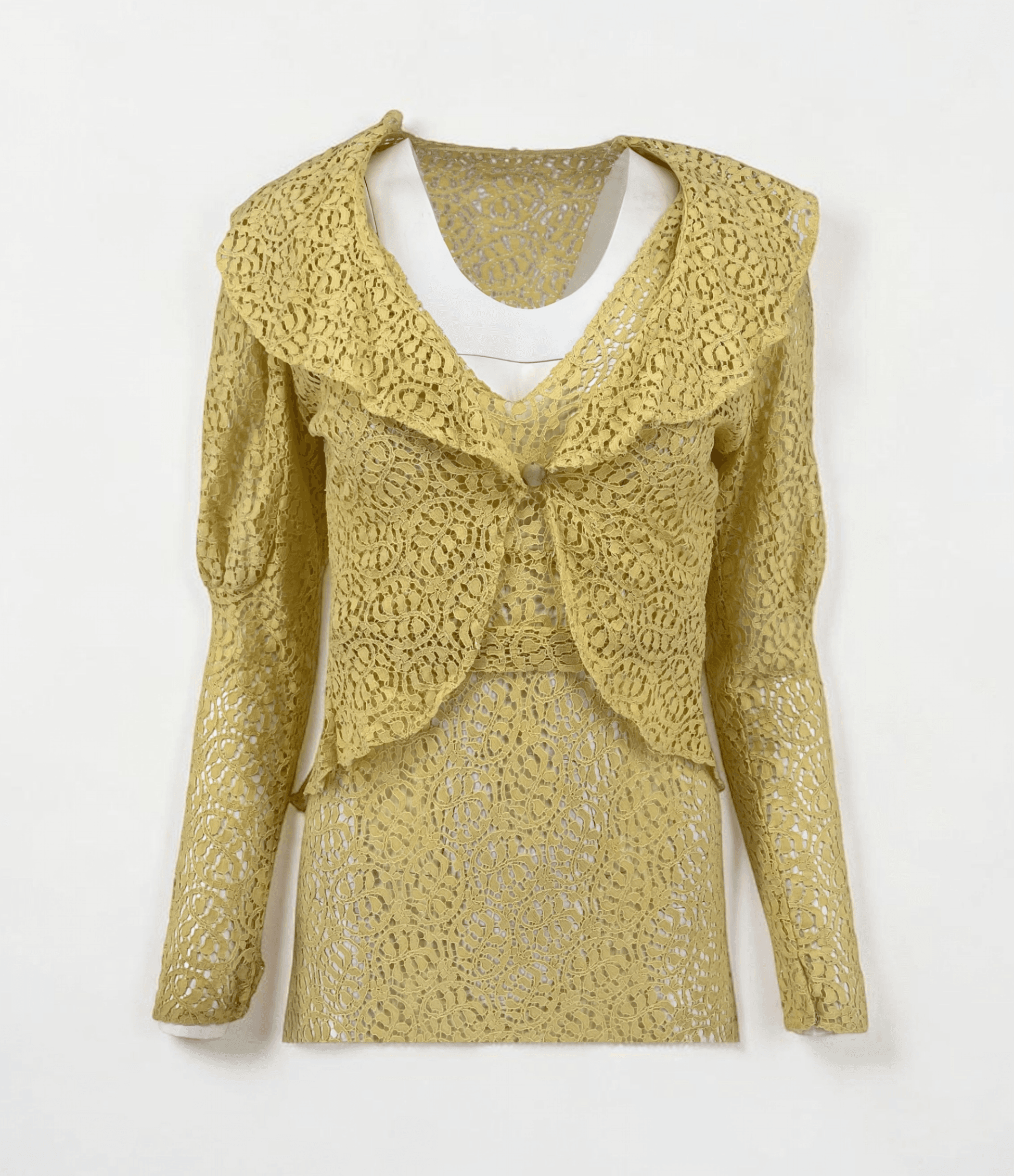 Vintage 1930s Lace Dress 3 Piece Set Yellow Lace Evening Ensemble Jacket Belt XS - Thumbnail 6