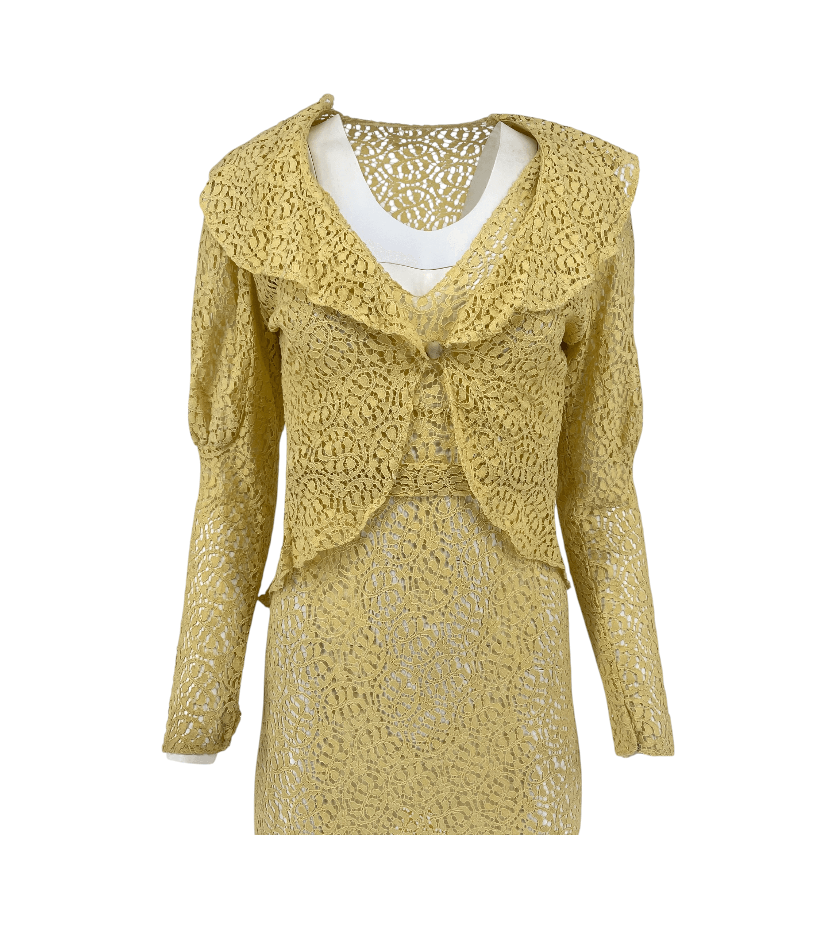 Vintage 1930s Lace Dress 3 Piece Set Yellow Lace Evening Ensemble Jacket Belt XS - Thumbnail 7