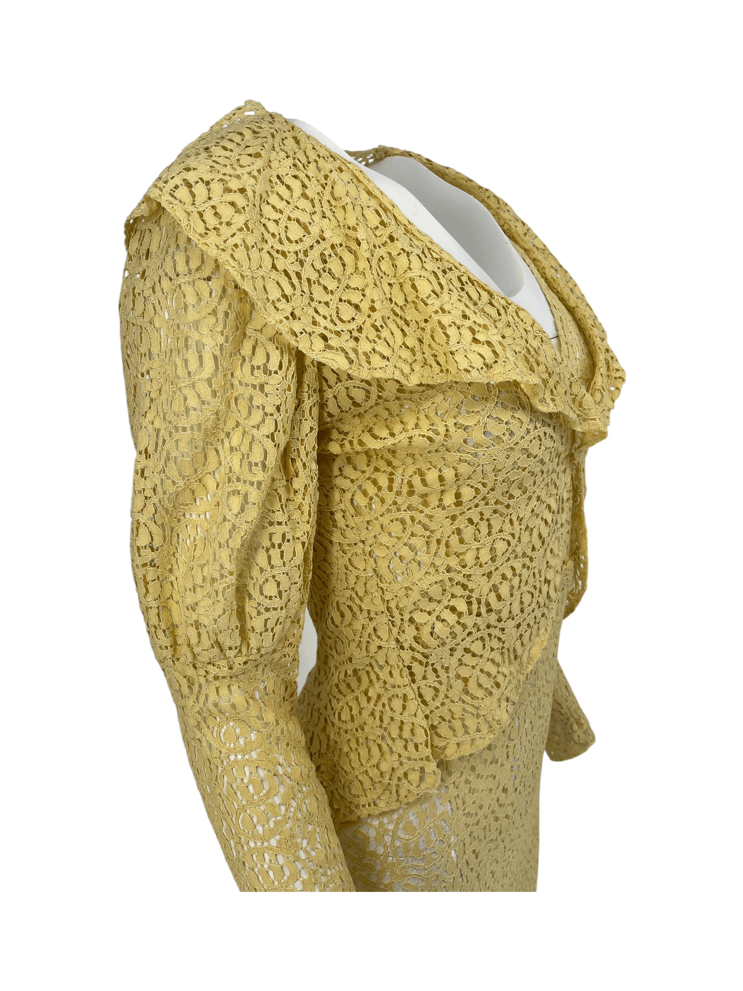 Vintage 1930s Lace Dress 3 Piece Set Yellow Lace Evening Ensemble Jacket Belt XS - Thumbnail 5