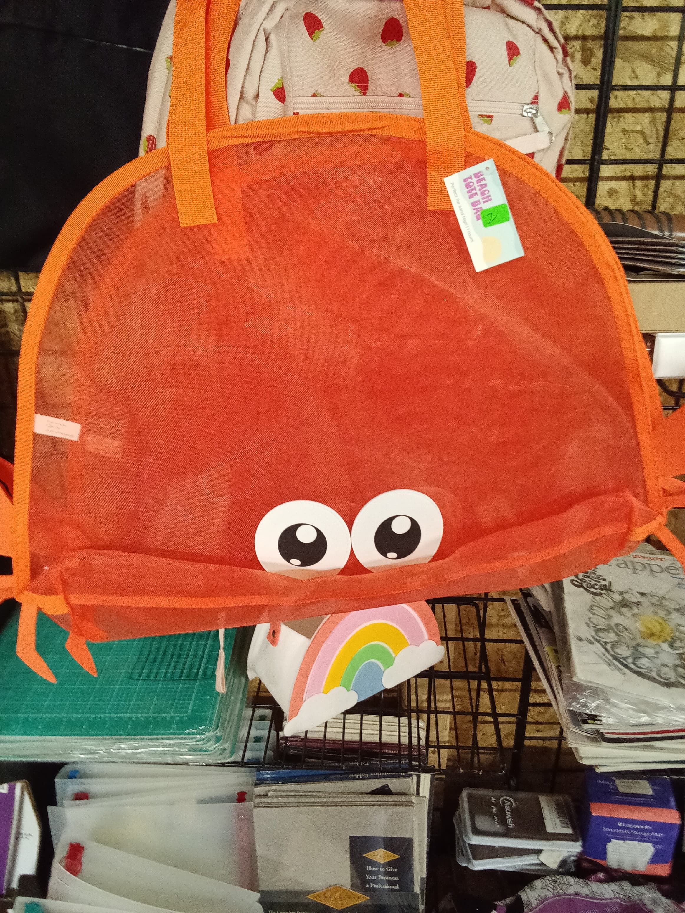 Orange Mesh Beach Tote Bag with Crab Design - Thumbnail 2