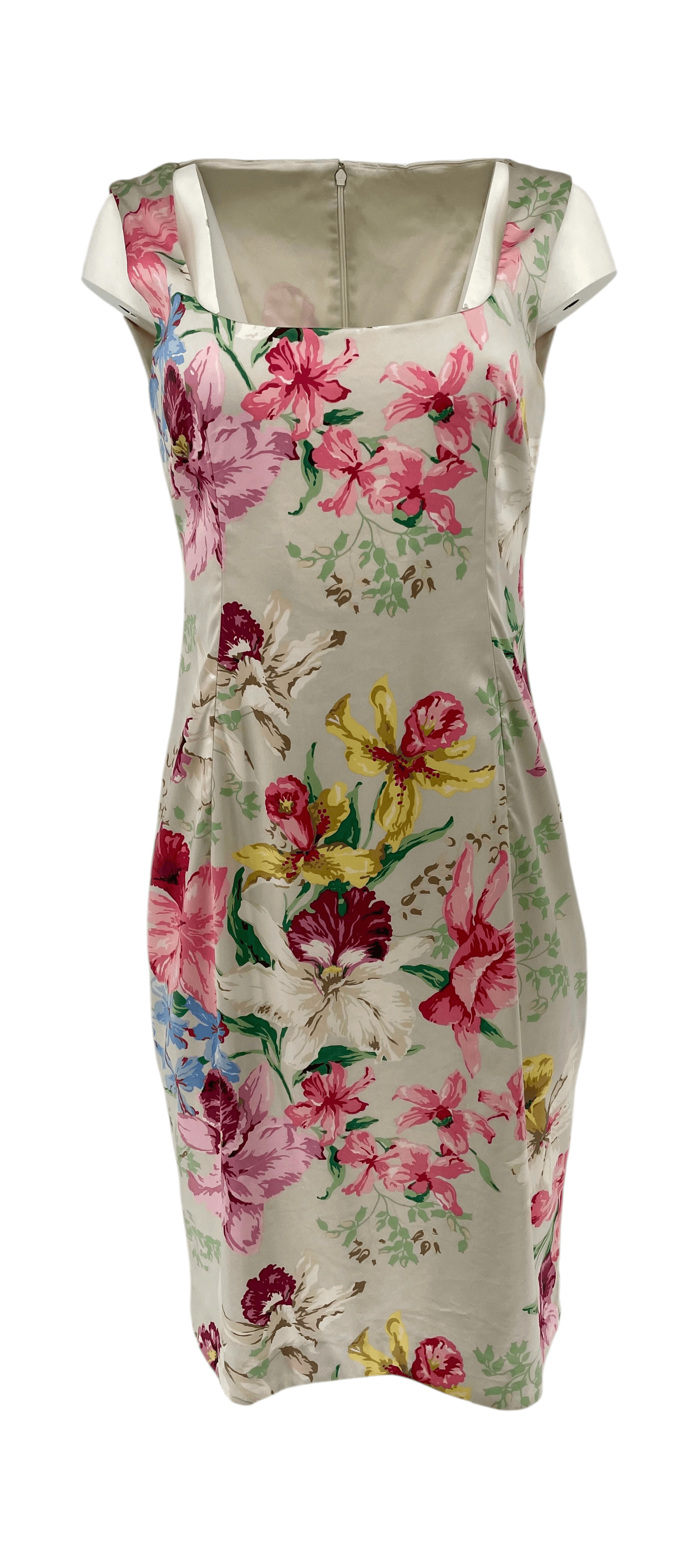 Vintage 90s Floral Satin Sheath Dress Pink Garden Party Cocktail Dress Summer M
