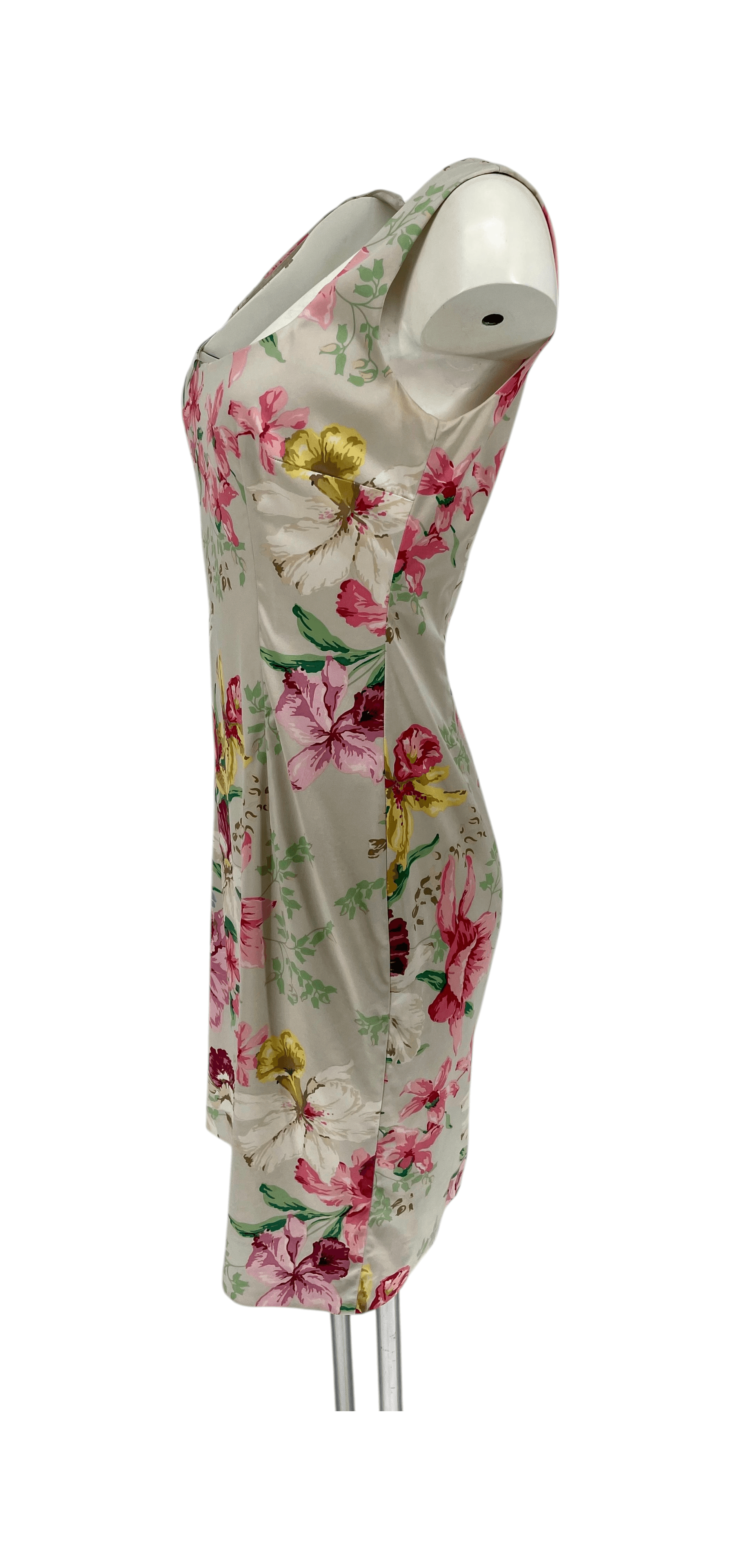 Vintage 90s Floral Satin Sheath Dress Pink Garden Party Cocktail Dress Summer M - Thumbnail 2