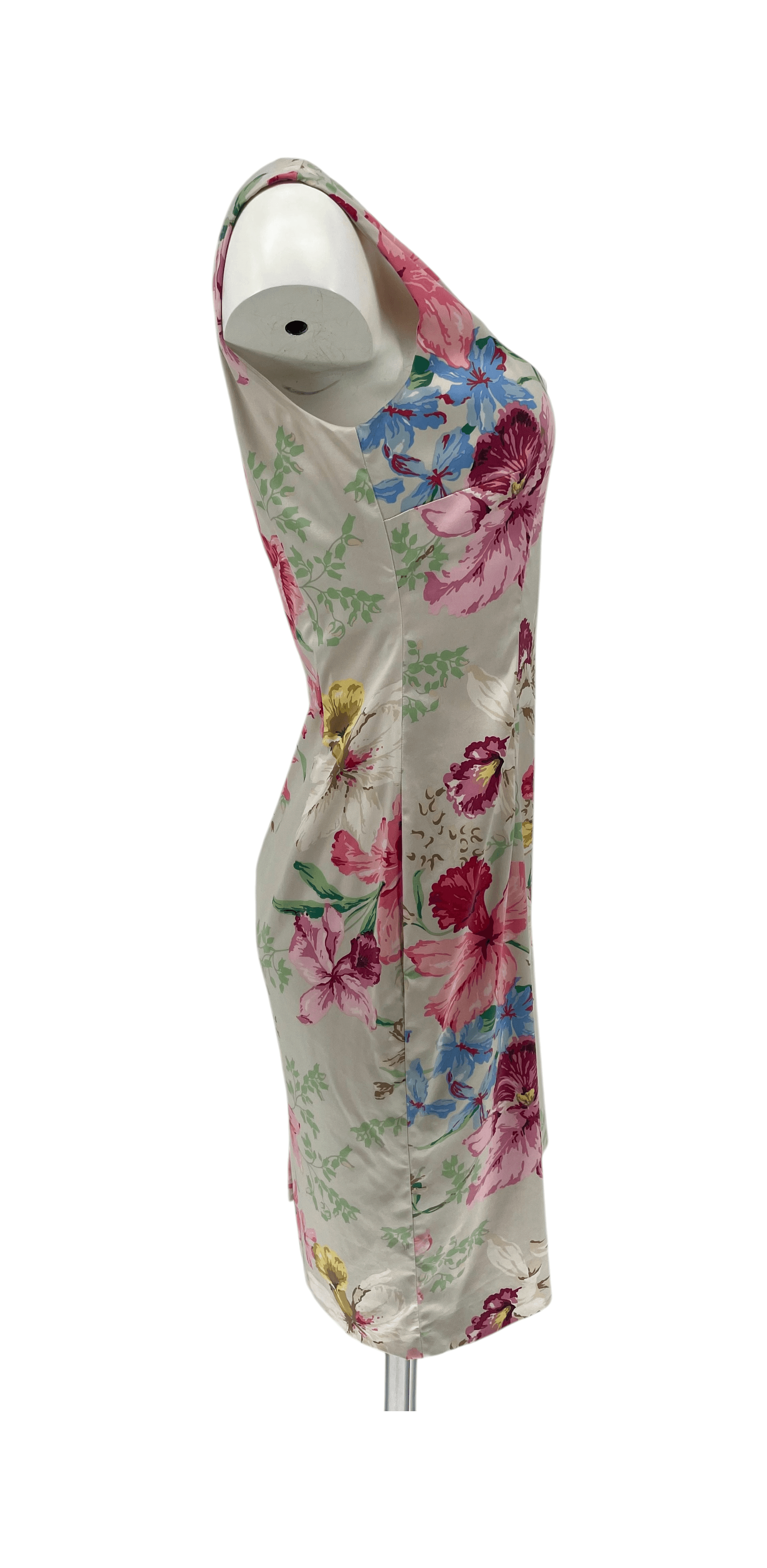 Vintage 90s Floral Satin Sheath Dress Pink Garden Party Cocktail Dress Summer M - Thumbnail 3