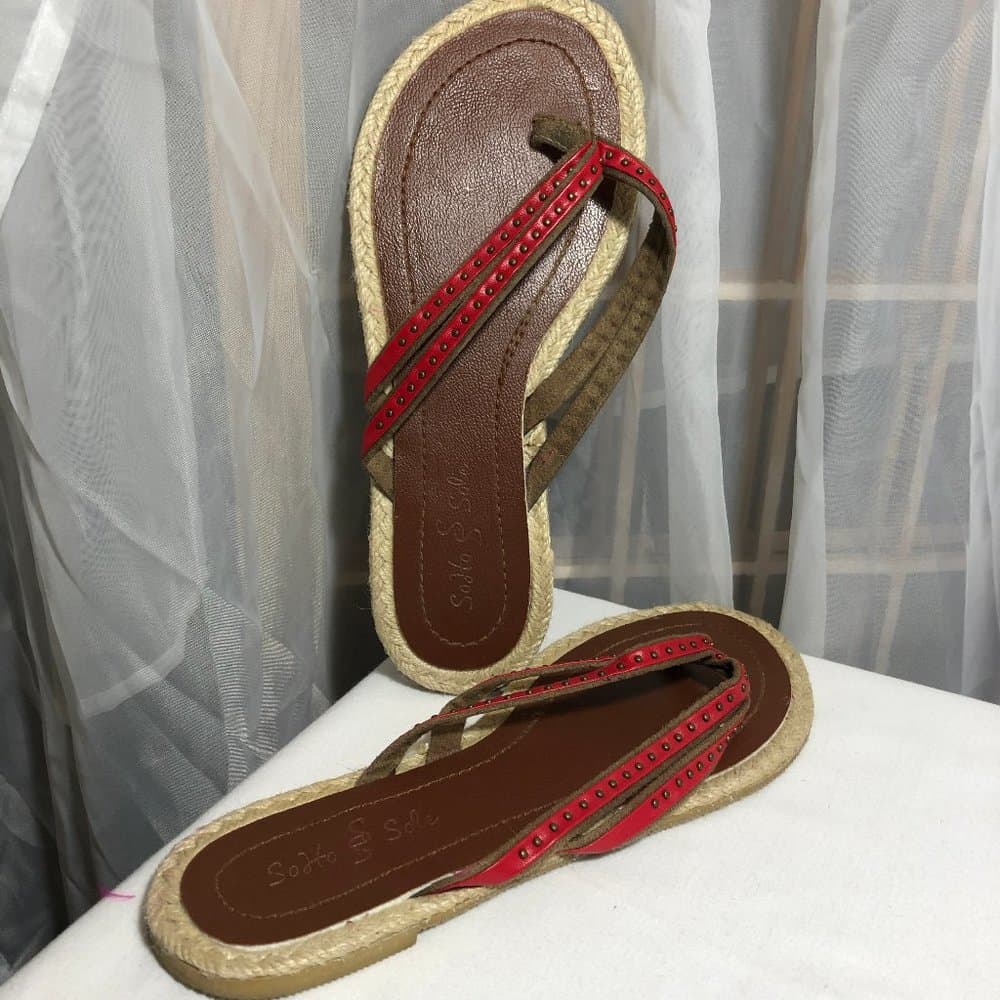 Red leather strappy flip flops thongs