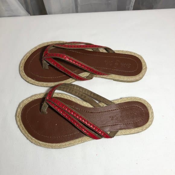 Red leather strappy flip flops thongs - Thumbnail 4