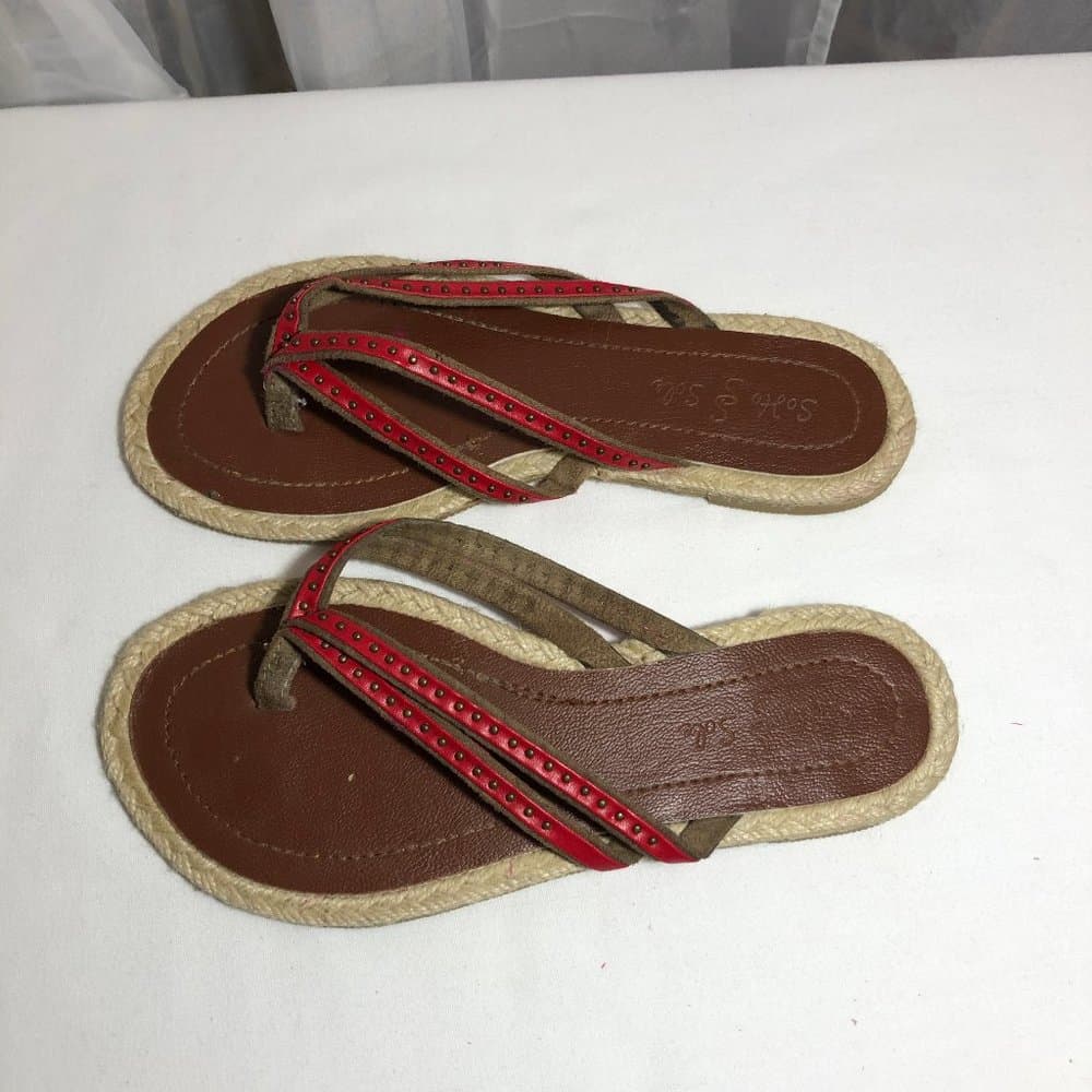 Red leather strappy flip flops thongs - Thumbnail 3