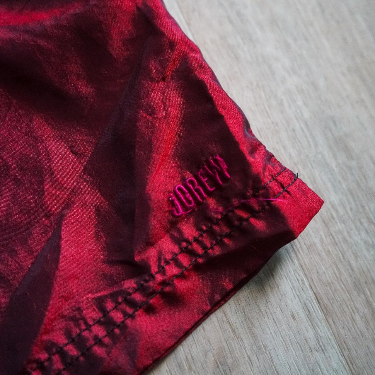 Vintage #JCrew swim trunks in deep red. Semi reflective finish with monotone J. Crew logo on leg. Size Large. - Thumbnail 2