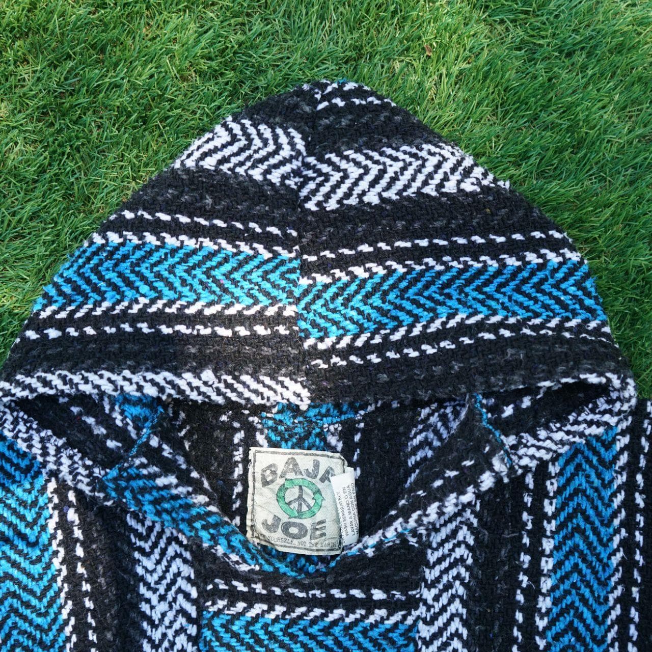 BAJA Joe Mexican blanket pullover hoodie from Central America. Size adult small/medium. Features a heavy, breathable knit with a front pocket and hood. - Thumbnail 3
