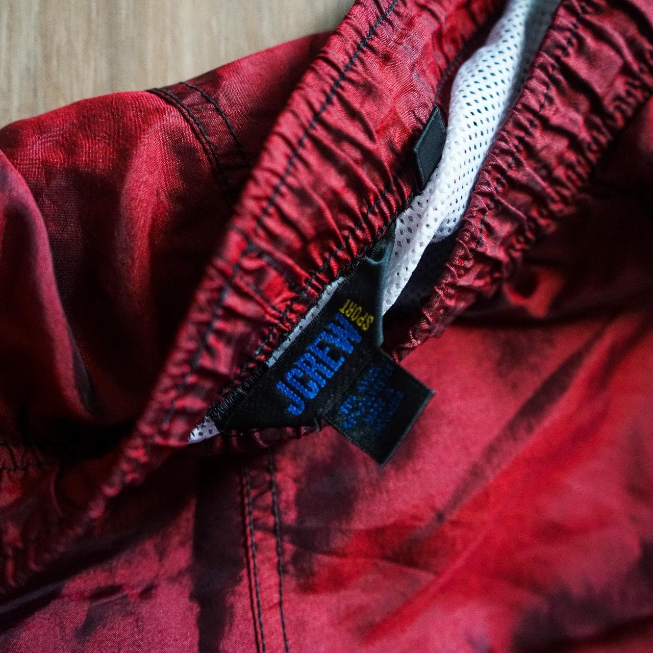 Vintage #JCrew swim trunks in deep red. Semi reflective finish with monotone J. Crew logo on leg. Size Large. - Thumbnail 3