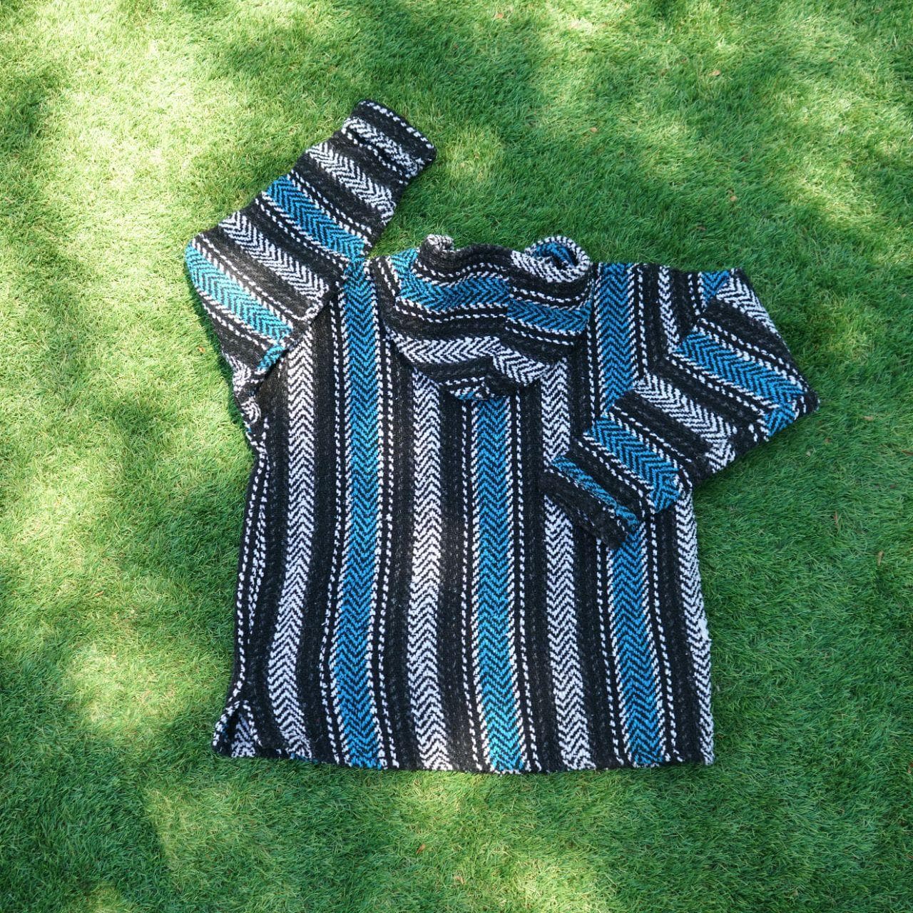 BAJA Joe Mexican blanket pullover hoodie from Central America. Size adult small/medium. Features a heavy, breathable knit with a front pocket and hood. - Thumbnail 5