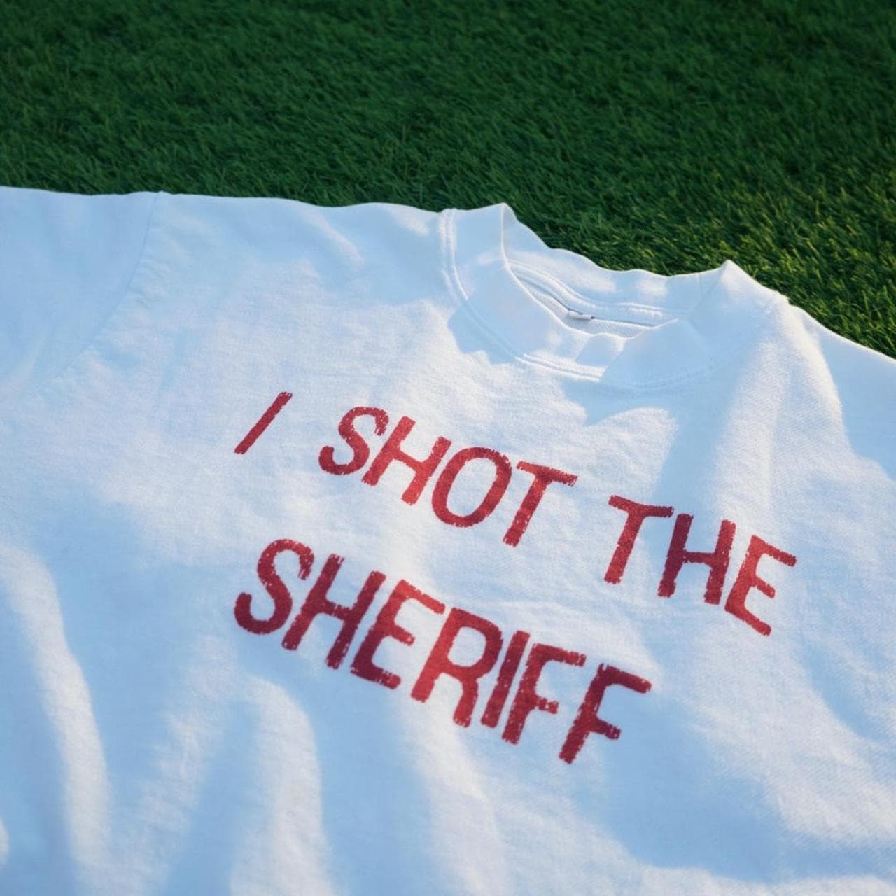 I Shot The Sheriff distressed hem tee by Neon Gymnasium. Features front and back graphic on a French terry white tee. - Thumbnail 2