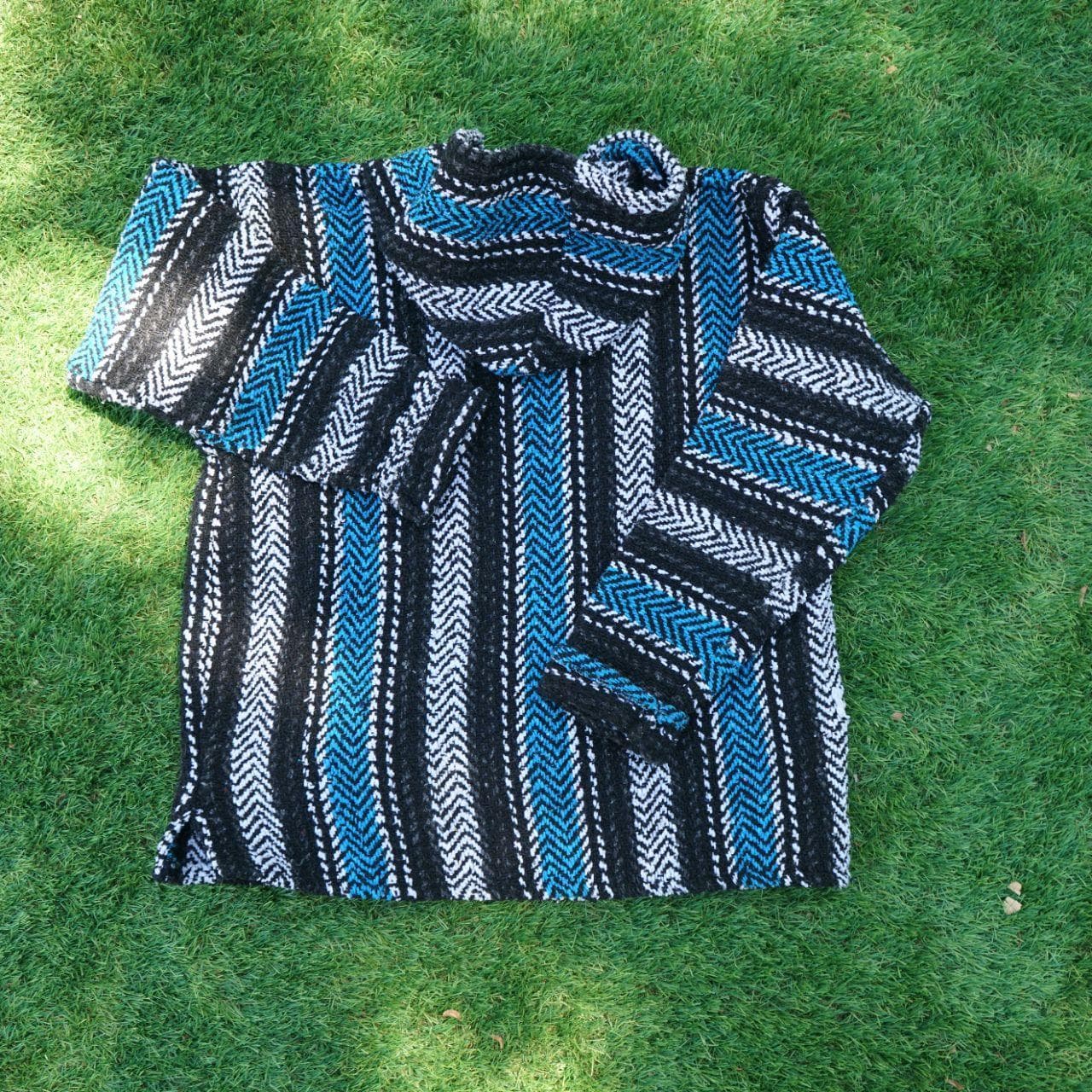 BAJA Joe Mexican blanket pullover hoodie from Central America. Size adult small/medium. Features a heavy, breathable knit with a front pocket and hood. - Thumbnail 4