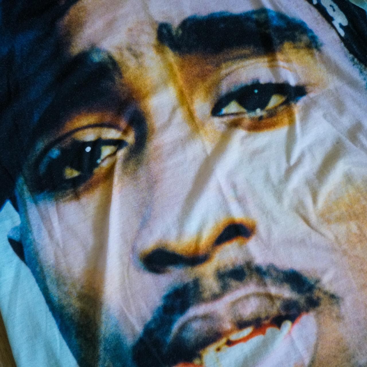 Overprint #Tupac tee. Adult size medium. Features full-color overprint graphic on front and sleeves. White back. - Thumbnail 2