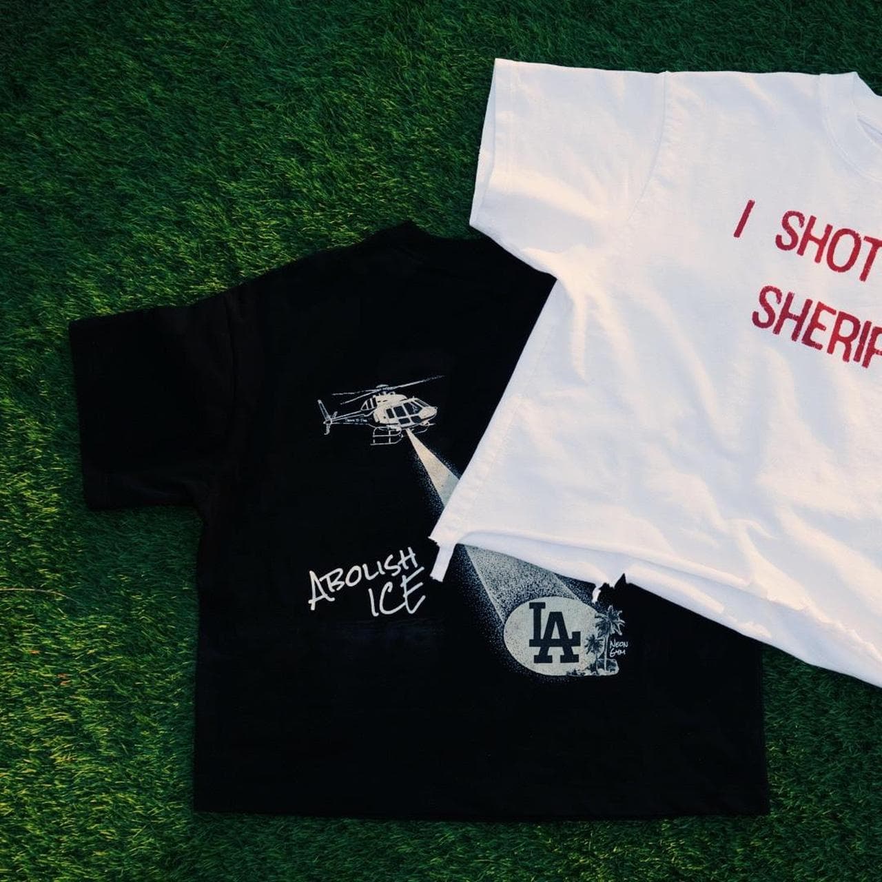Abolish ICE collage tee from Neon Gymnasium. Collage graphic on the front with helicopter graphic on the back. - Thumbnail 4