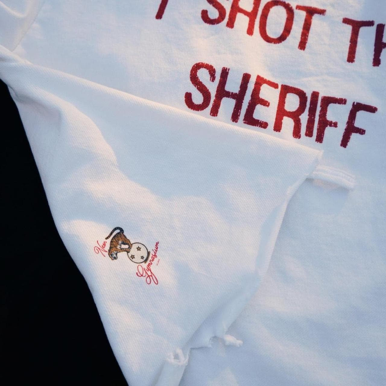 I Shot The Sheriff distressed hem tee by Neon Gymnasium. Features front and back graphic on a French terry white tee. - Thumbnail 3
