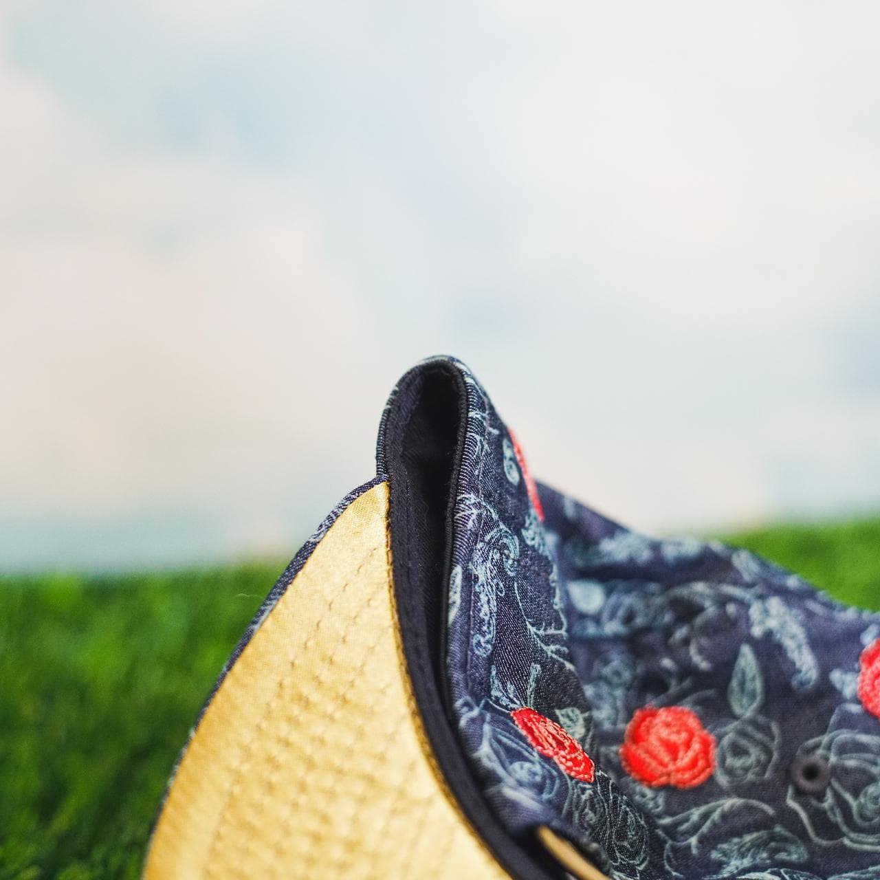 NWOT tags: Adjustable denim #NewEra hat. Features denim and rose print all-over with gold logo accents and a gold brim. - Thumbnail 2