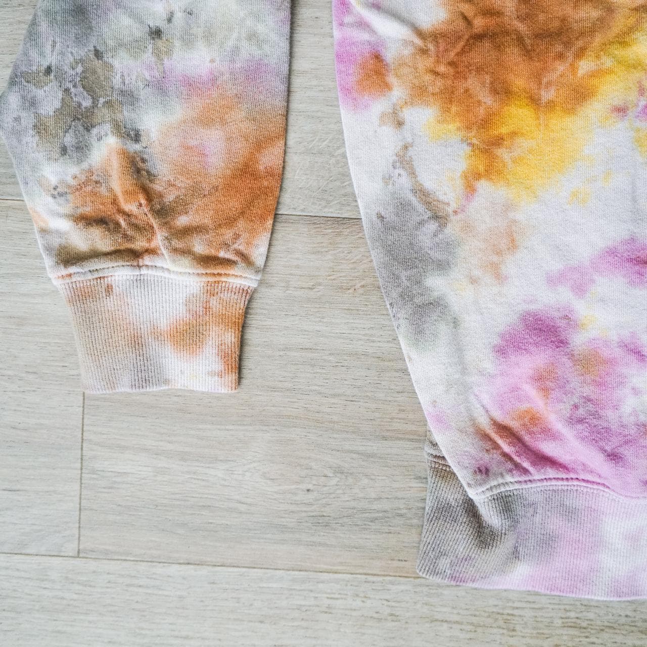 Oversized tie-dye crewneck in women's medium. Grey, yellow, orange, and pink all over dye with elastic cuffs. - Thumbnail 2