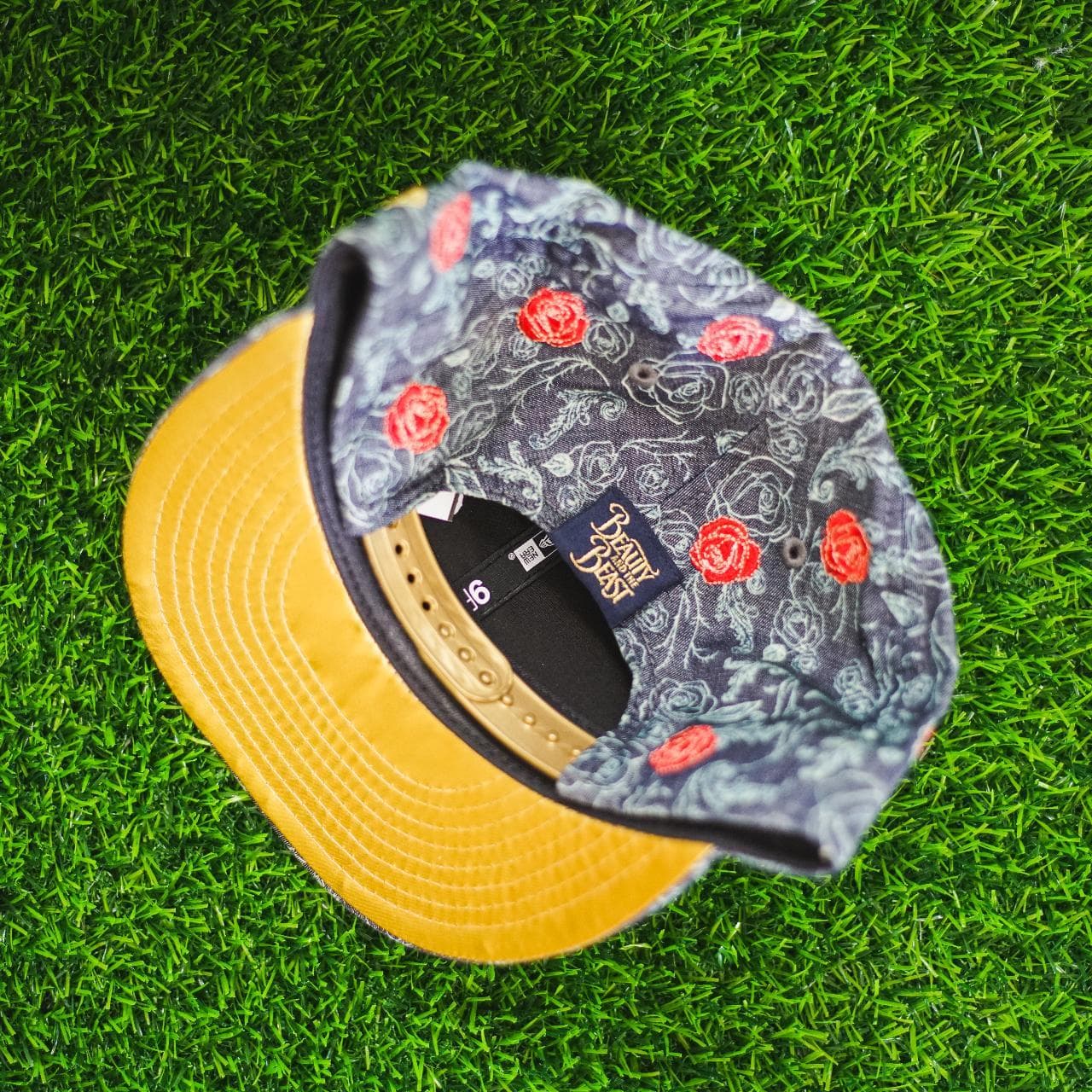 NWOT tags: Adjustable denim #NewEra hat. Features denim and rose print all-over with gold logo accents and a gold brim. - Thumbnail 4