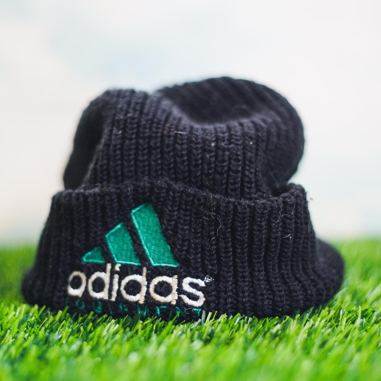 Vintage #Adidas jumbo rib beanie with embroidered three stripes logo and text. Beanie is black, green, and white. Decent condition, super soft to the touch. Shows signs of vintage aging 🧃 - Thumbnail 4