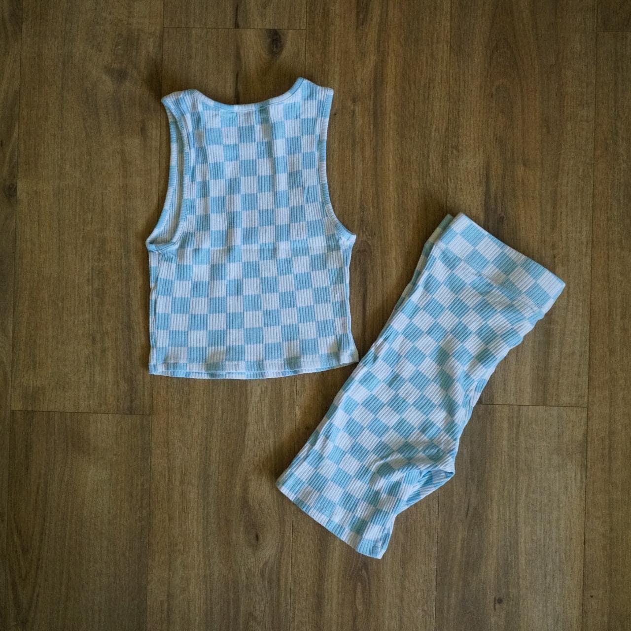 Baby blue and white checkered set with crop top and matching riding shorts. Like new W/OT. Women's size small 🥶 - Thumbnail 3