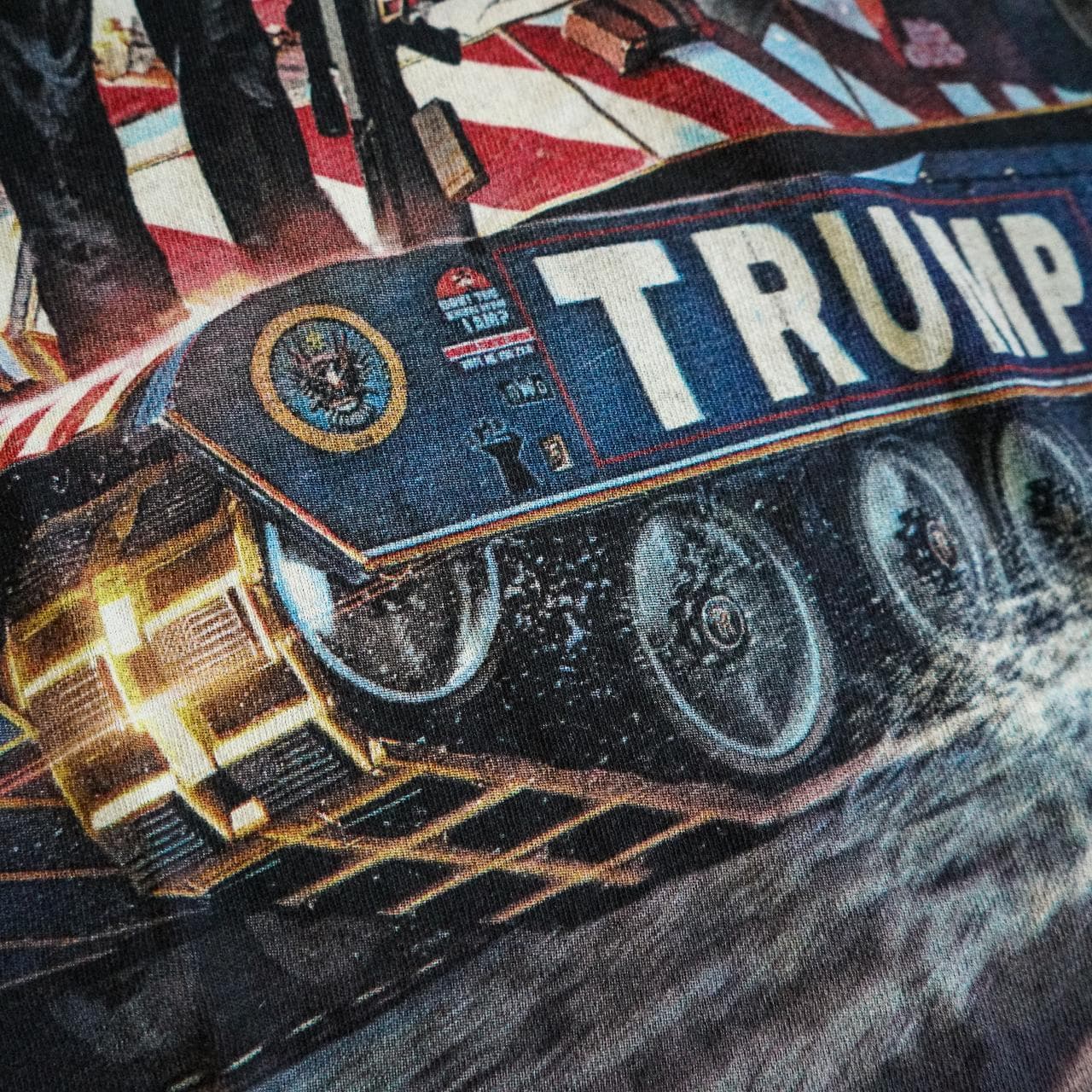 Tie-dye Donald #Trump merch tee in navy and grey. Features crazy full-color front graphics and tie-dye texture all over. Adult size 2XL 🇺🇸 - Thumbnail 3