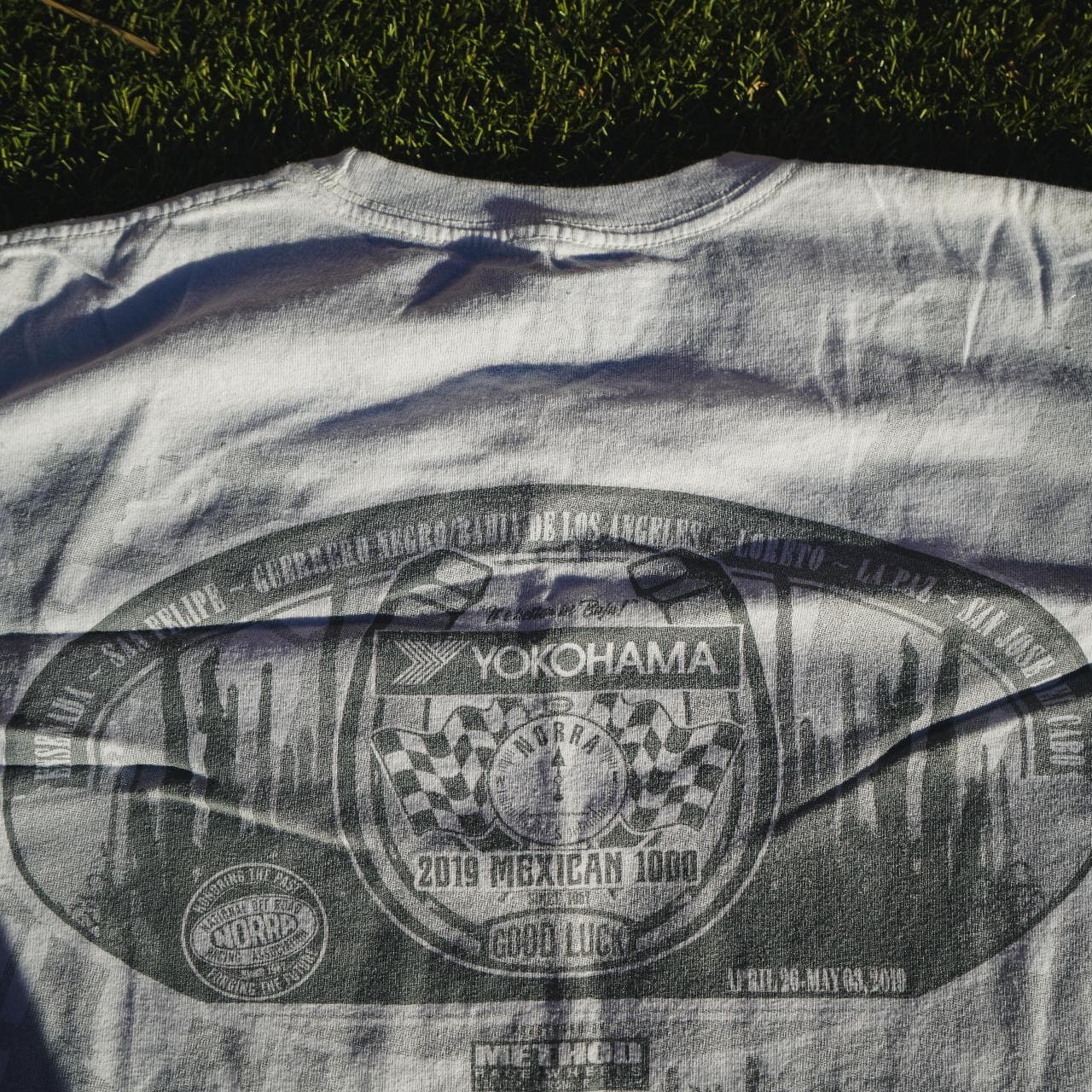 Yokohama "2019 Mexican Racing 1000" Vintage style racing tee with allover print in black and grey. Features graphics and logos on the front and back. Intricate graphic that you're not likely to see another of. Size adult large 🏆 - Thumbnail 3