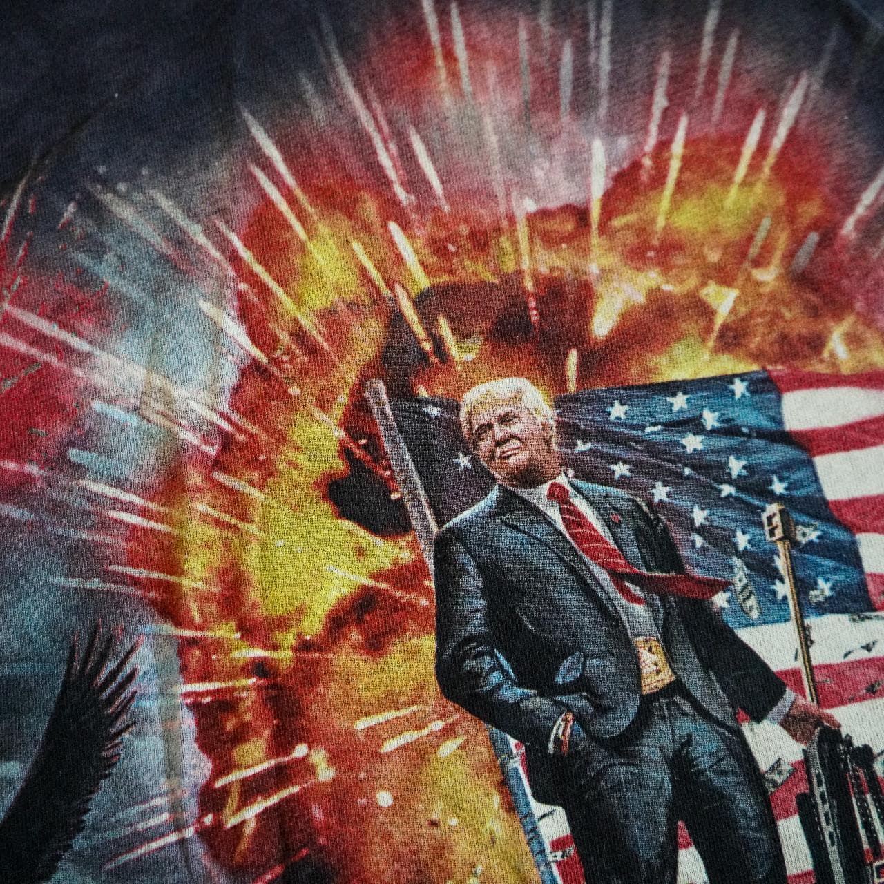Tie-dye Donald #Trump merch tee in navy and grey. Features crazy full-color front graphics and tie-dye texture all over. Adult size 2XL 🇺🇸 - Thumbnail 2