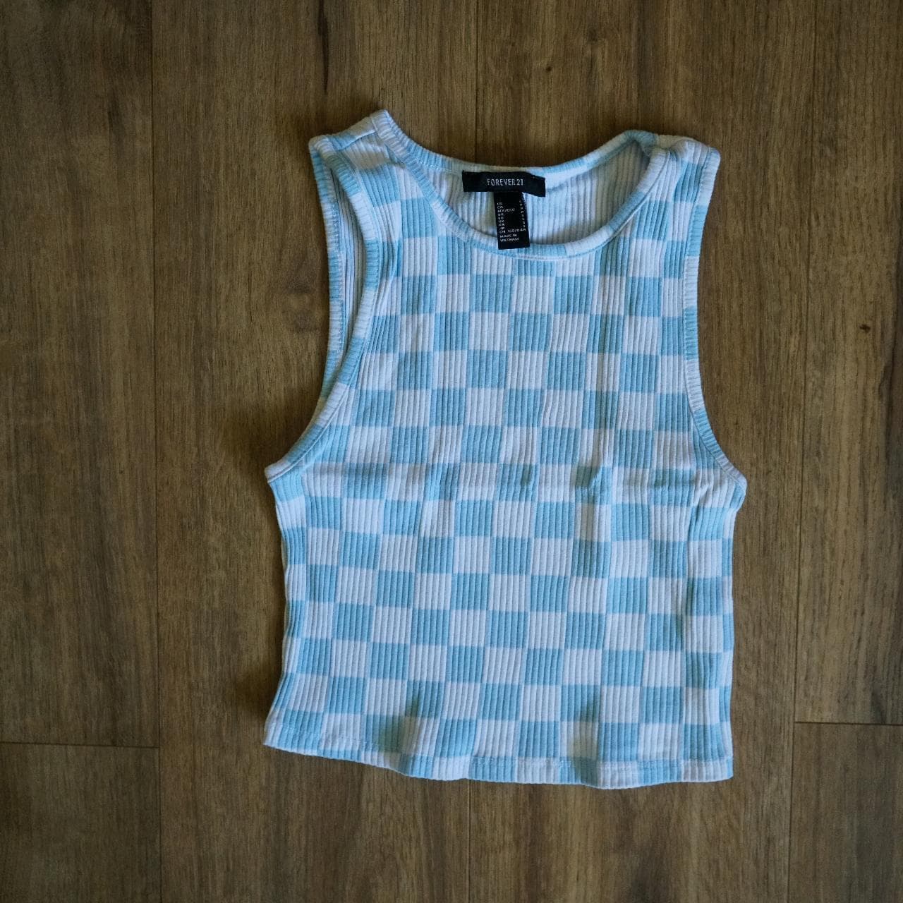 Baby blue and white checkered set with crop top and matching riding shorts. Like new W/OT. Women's size small 🥶 - Thumbnail 2