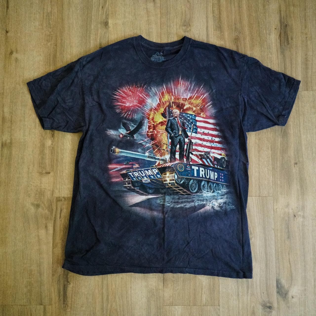 Tie-dye Donald #Trump merch tee in navy and grey. Features crazy full-color front graphics and tie-dye texture all over. Adult size 2XL 🇺🇸