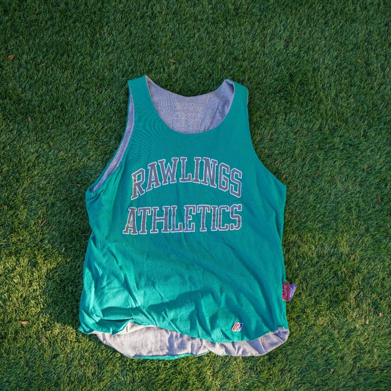Vintage Russell Athletics reversible tank in teal and gray. Fits like an adult Large. Features graphics on both sides, with a logo tag, and a brand patch. - Thumbnail 6