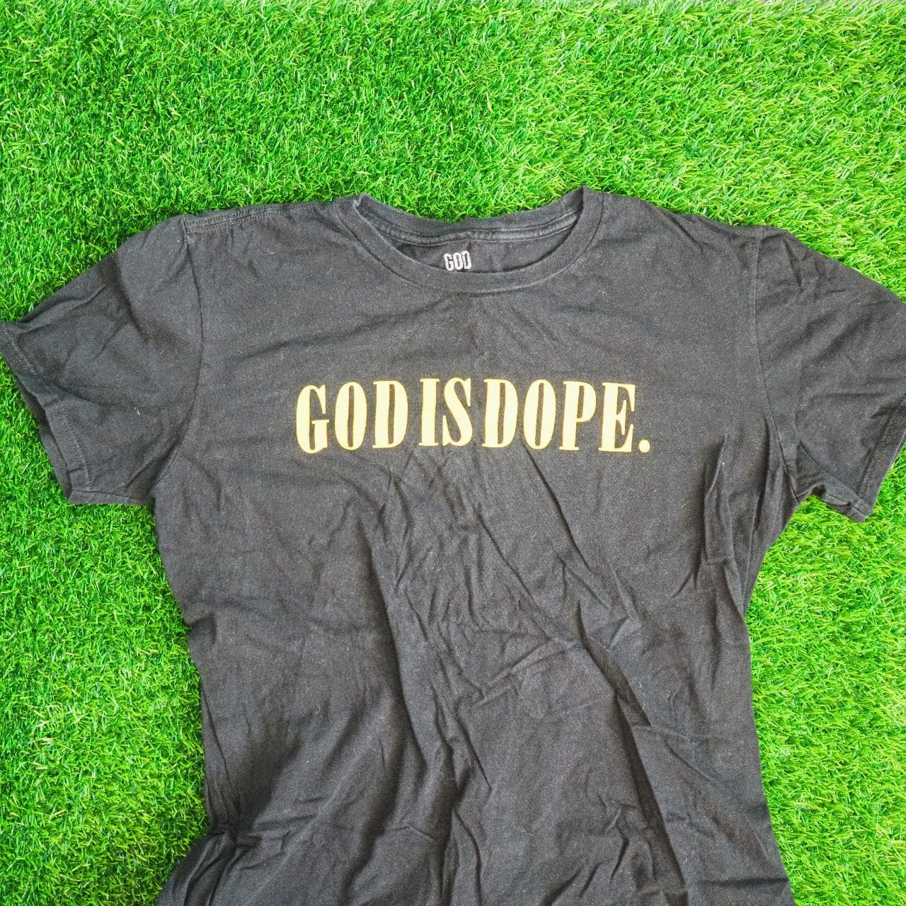 Atlanta indie brand, "God Is Dope" tee in black with yellow text. Features graphic on front and torn hem. Size adult large 🙏 - Thumbnail 2