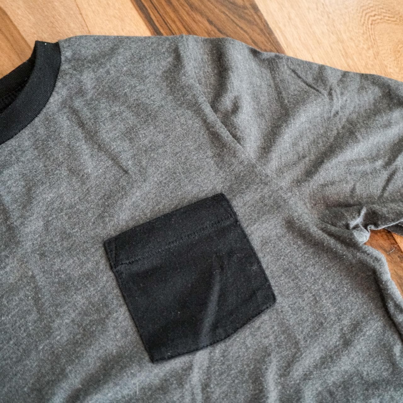 Simple grey and black pocket tee. Heather gray with contrasting pocket and collar. - Thumbnail 2