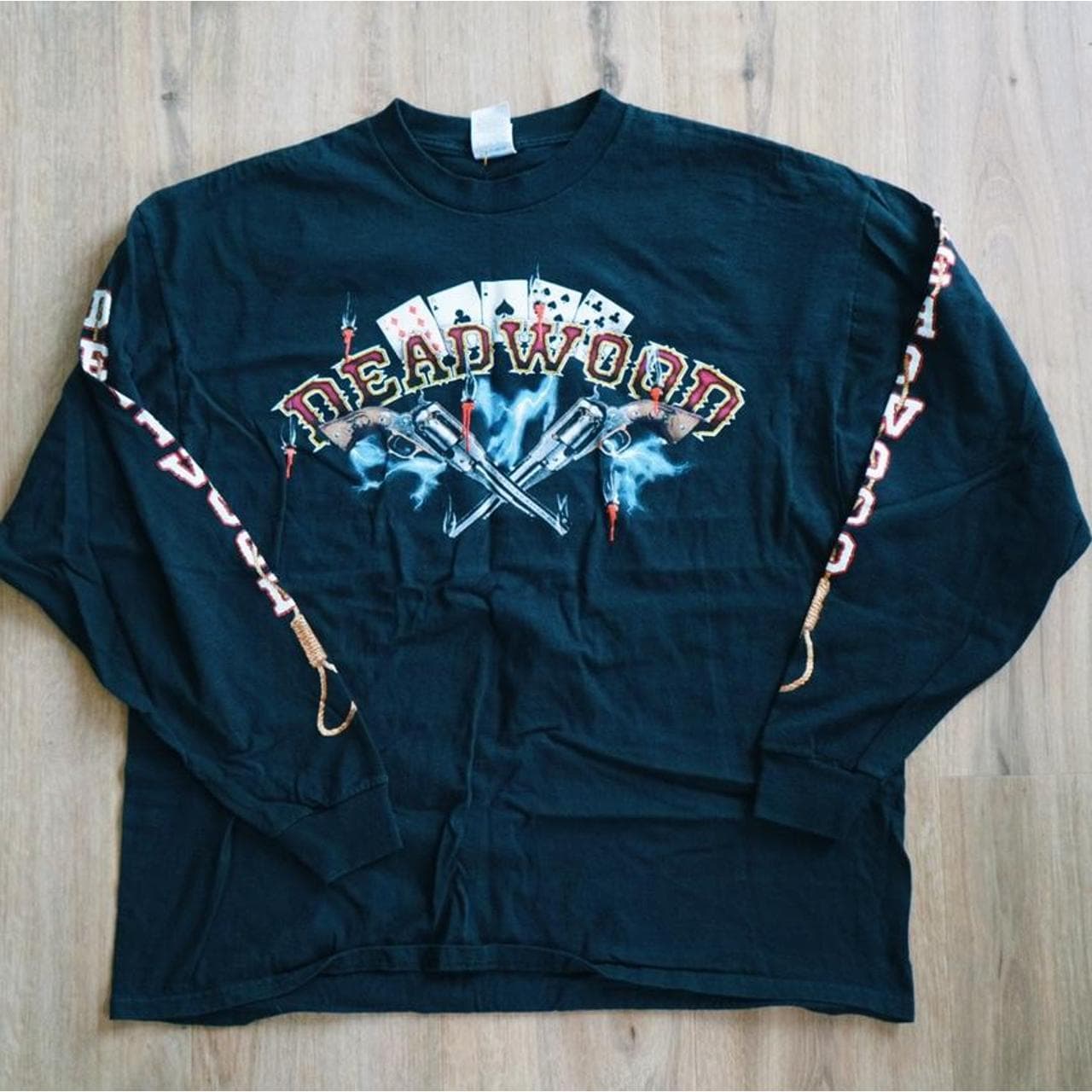 Long sleeve Deadwood vintage motorcycle tee. Wild Bill Rides Again with graphics on the front, back and sleeves. #longsleeve