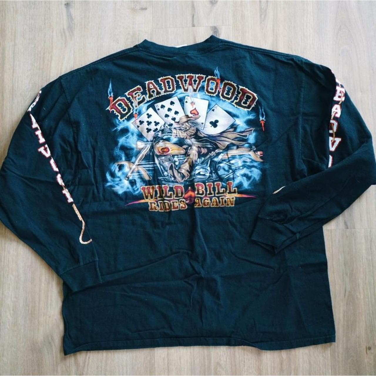 Long sleeve Deadwood vintage motorcycle tee. Wild Bill Rides Again with graphics on the front, back and sleeves. #longsleeve - Thumbnail 3