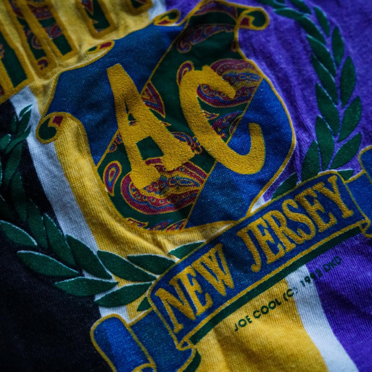 Atlantic City New Jersey beach tank top with paisley screenprint on front 🌊 Tank features a striped Lakers colorway. One size fits all. Fits like a vintage XL. - Thumbnail 2