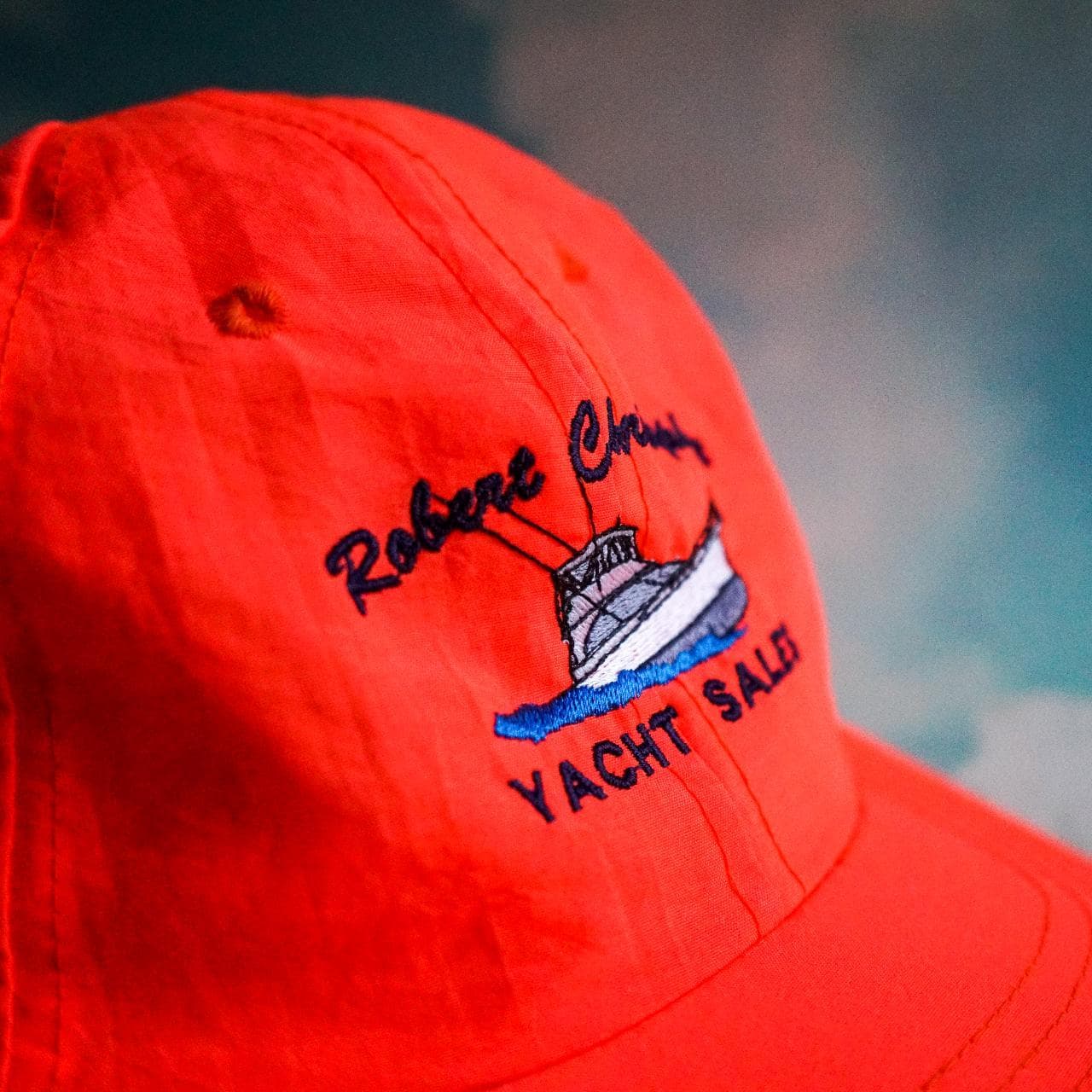 Vintage "Robert Christopher Yacht Sales" nylon hat with adjustable loop closure. Bright neon orange. - Thumbnail 2