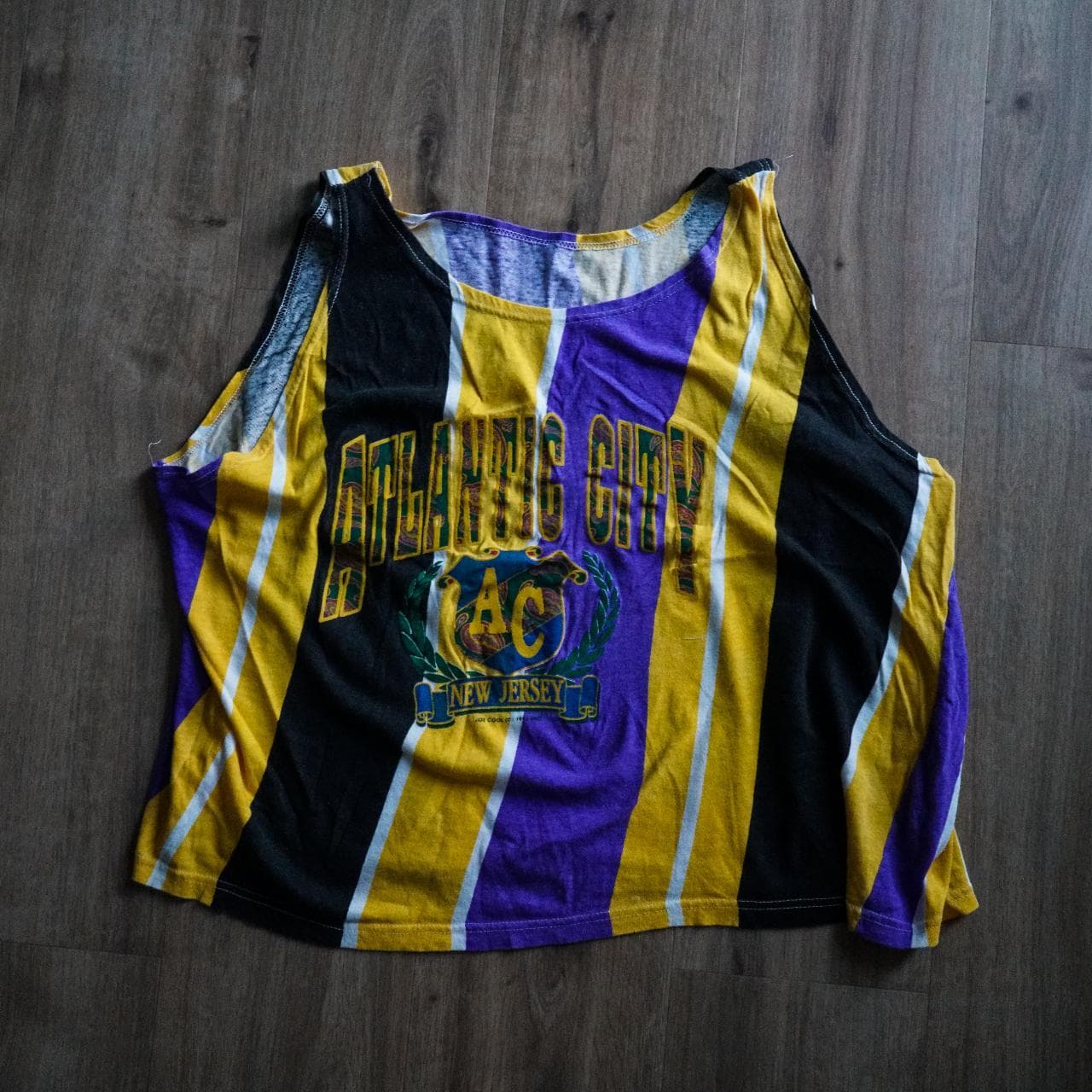 Atlantic City New Jersey beach tank top with paisley screenprint on front 🌊 Tank features a striped Lakers colorway. One size fits all. Fits like a vintage XL.