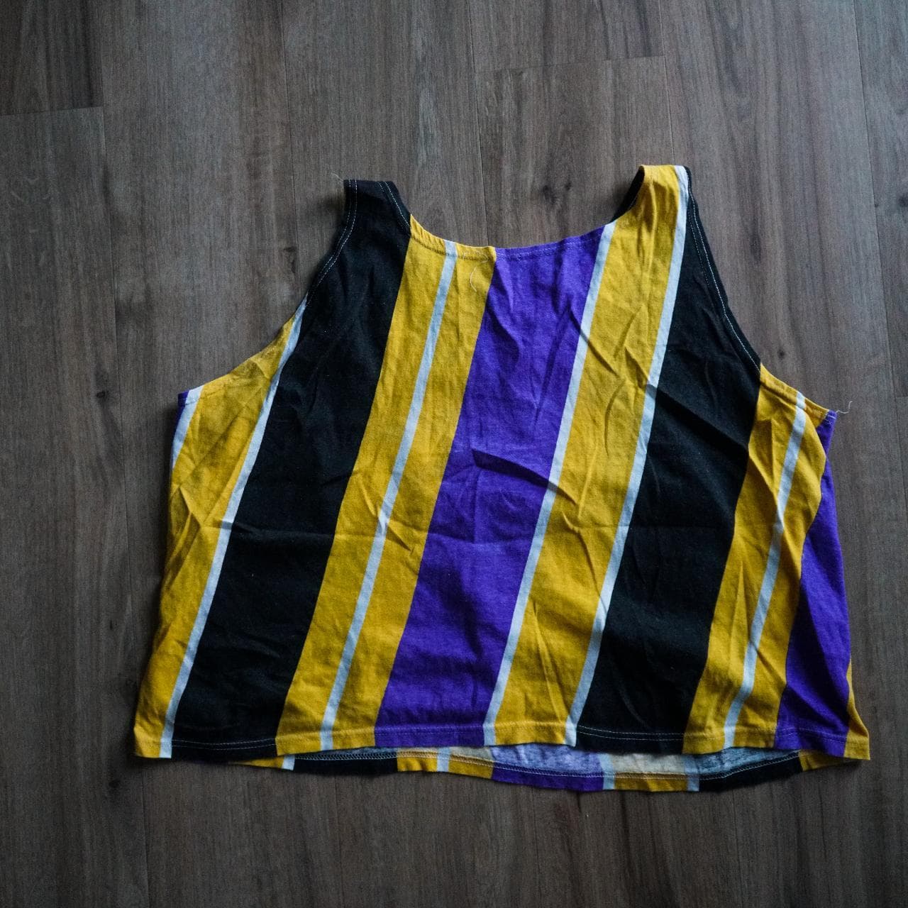 Atlantic City New Jersey beach tank top with paisley screenprint on front 🌊 Tank features a striped Lakers colorway. One size fits all. Fits like a vintage XL. - Thumbnail 4