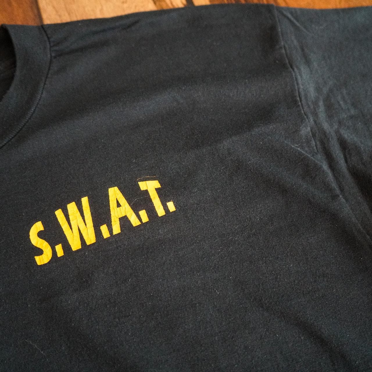 S.W.A.T. Millionaires in Training vintage tee in black with yellow text graphics on the front and back 💰 Small bleach discoloration on front. - Thumbnail 3