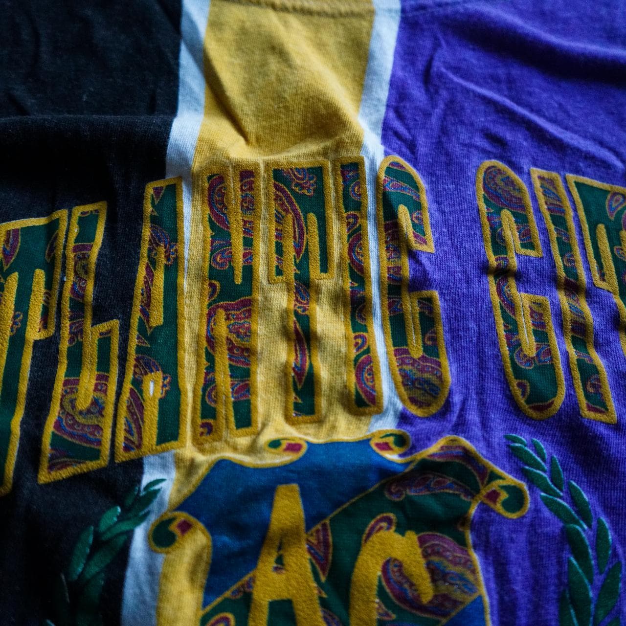 Atlantic City New Jersey beach tank top with paisley screenprint on front 🌊 Tank features a striped Lakers colorway. One size fits all. Fits like a vintage XL. - Thumbnail 3
